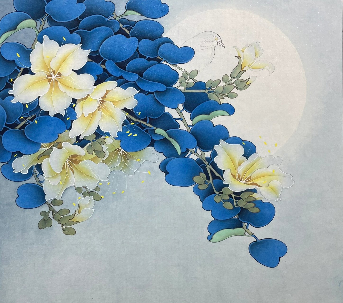 新画一幅重彩工笔《月下荆花》,附上详细步骤 临改周彦生作品!