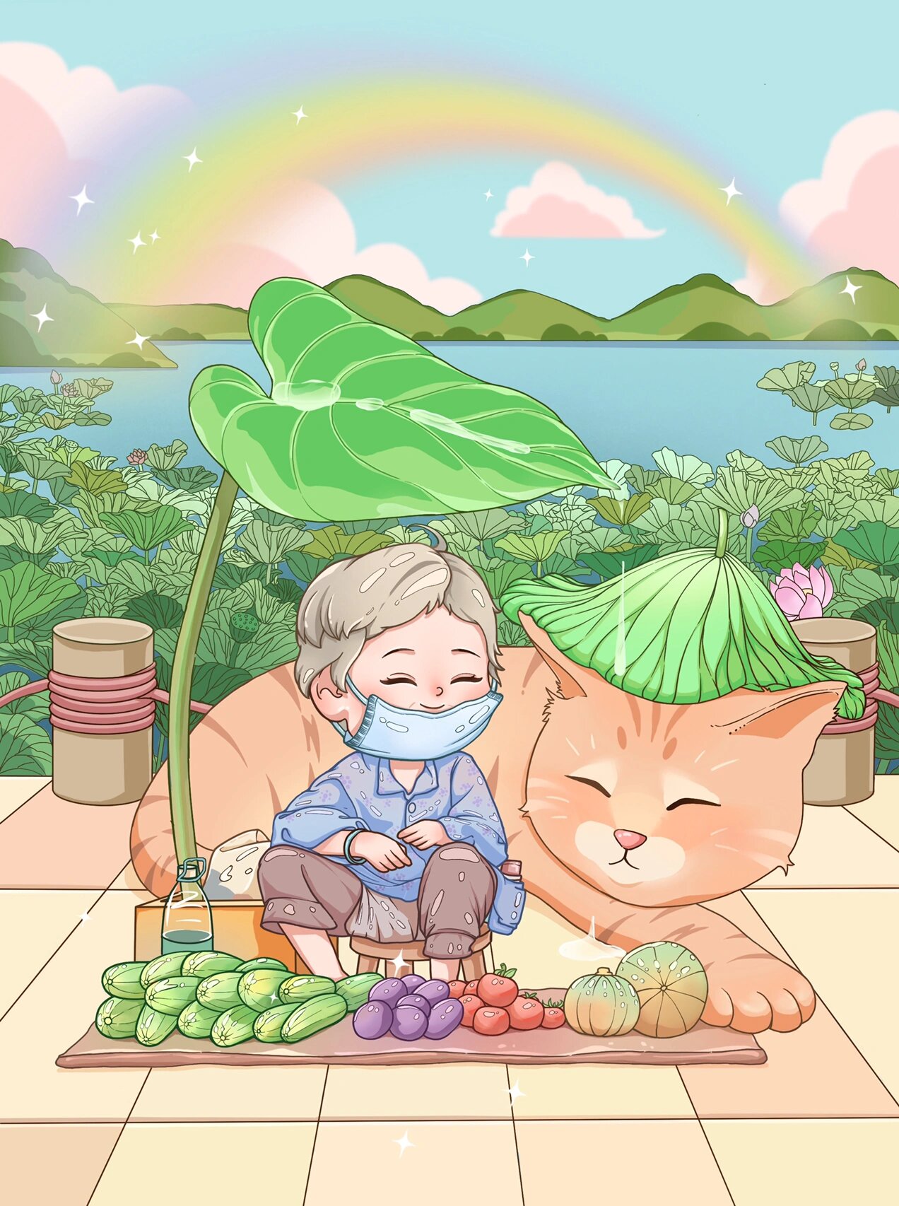 原创生活纪实治愈插画,卖菜的老奶奶