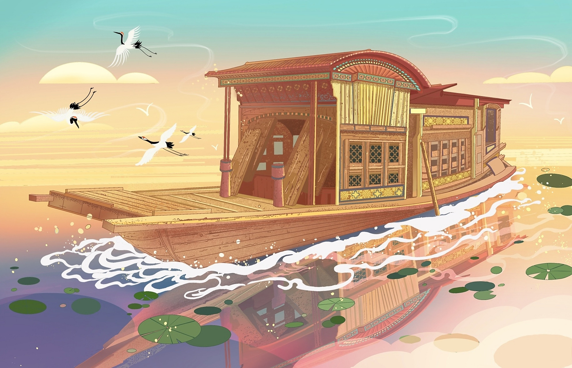 浙江嘉兴南湖红船 原创国潮红色文化插画 为了纪念中共"一大"在南湖