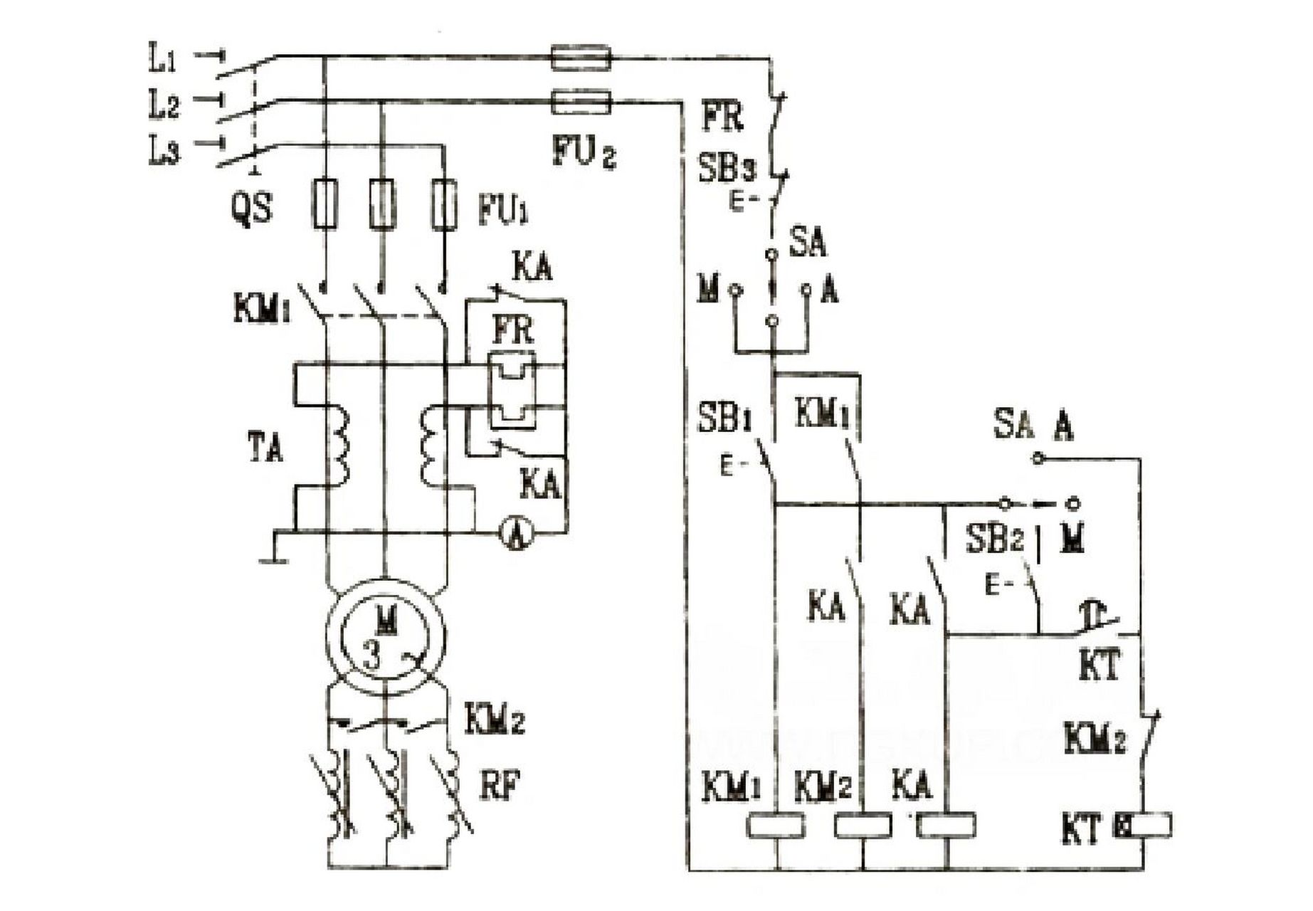 电路图解 应用频敏变阻器启动线绕转子异步电动机的控制线路如下图