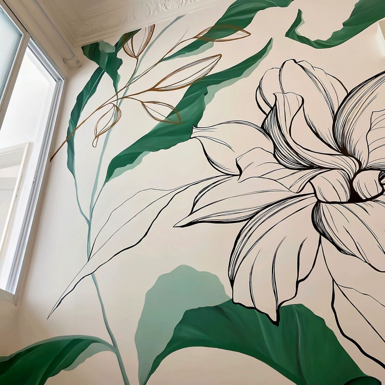 ins风花卉绿植墙体彩绘作品分享93 公寓背景墙绿植花卉ins风纯手绘