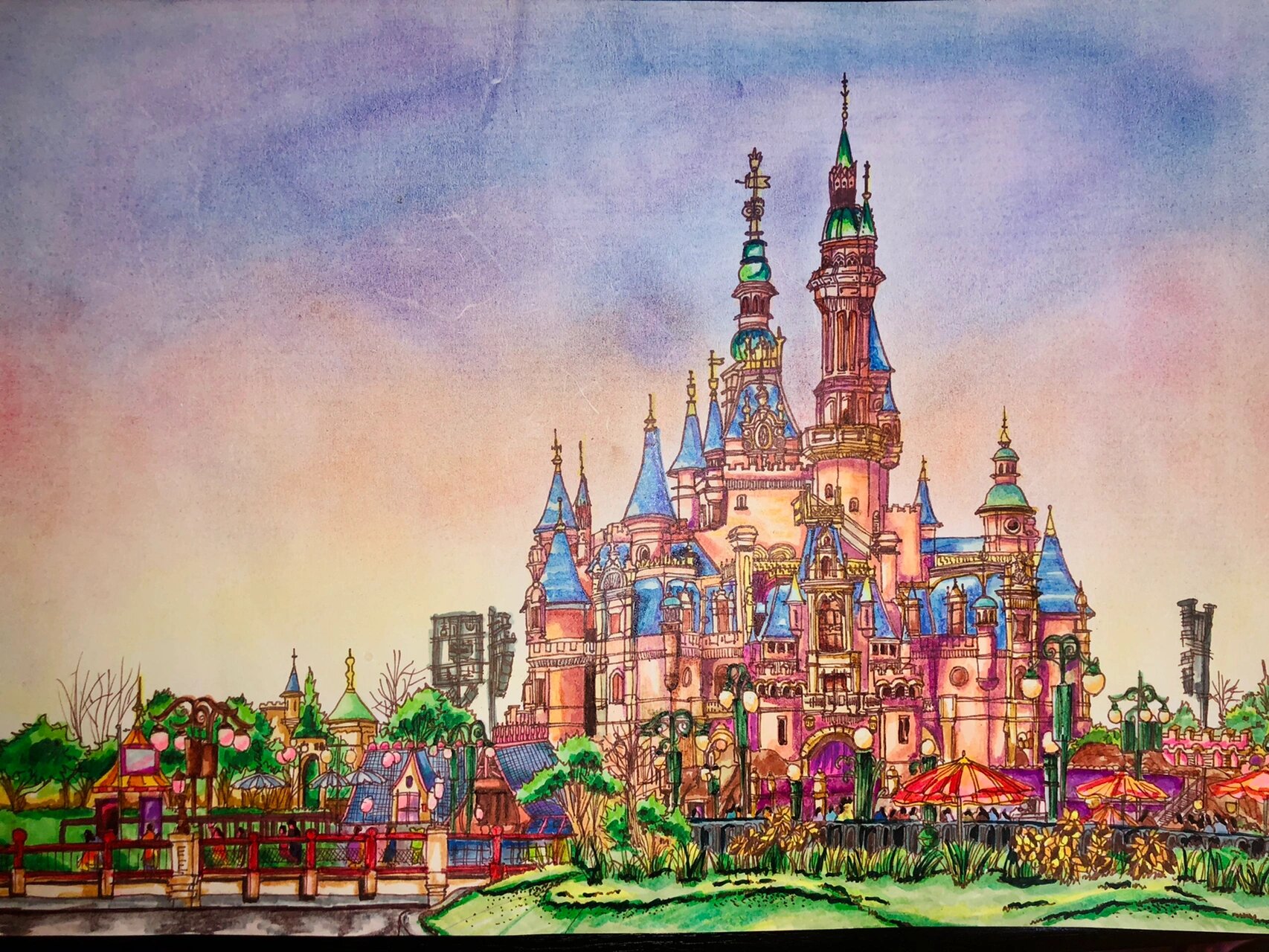 马克笔手绘——迪士尼城堡(上色过程)