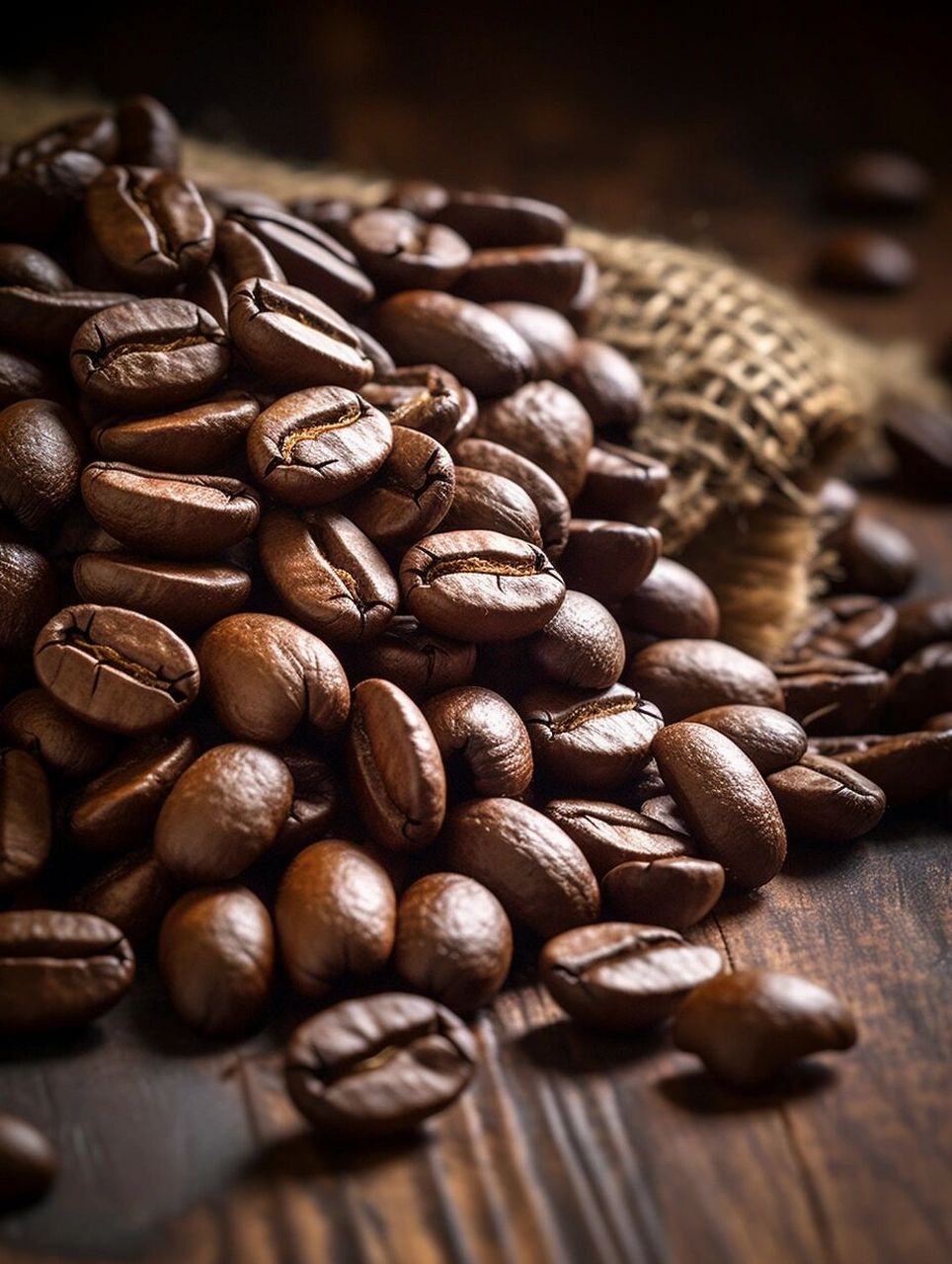 prompt:arrange a small pile of coffee beans on a rustic wooden