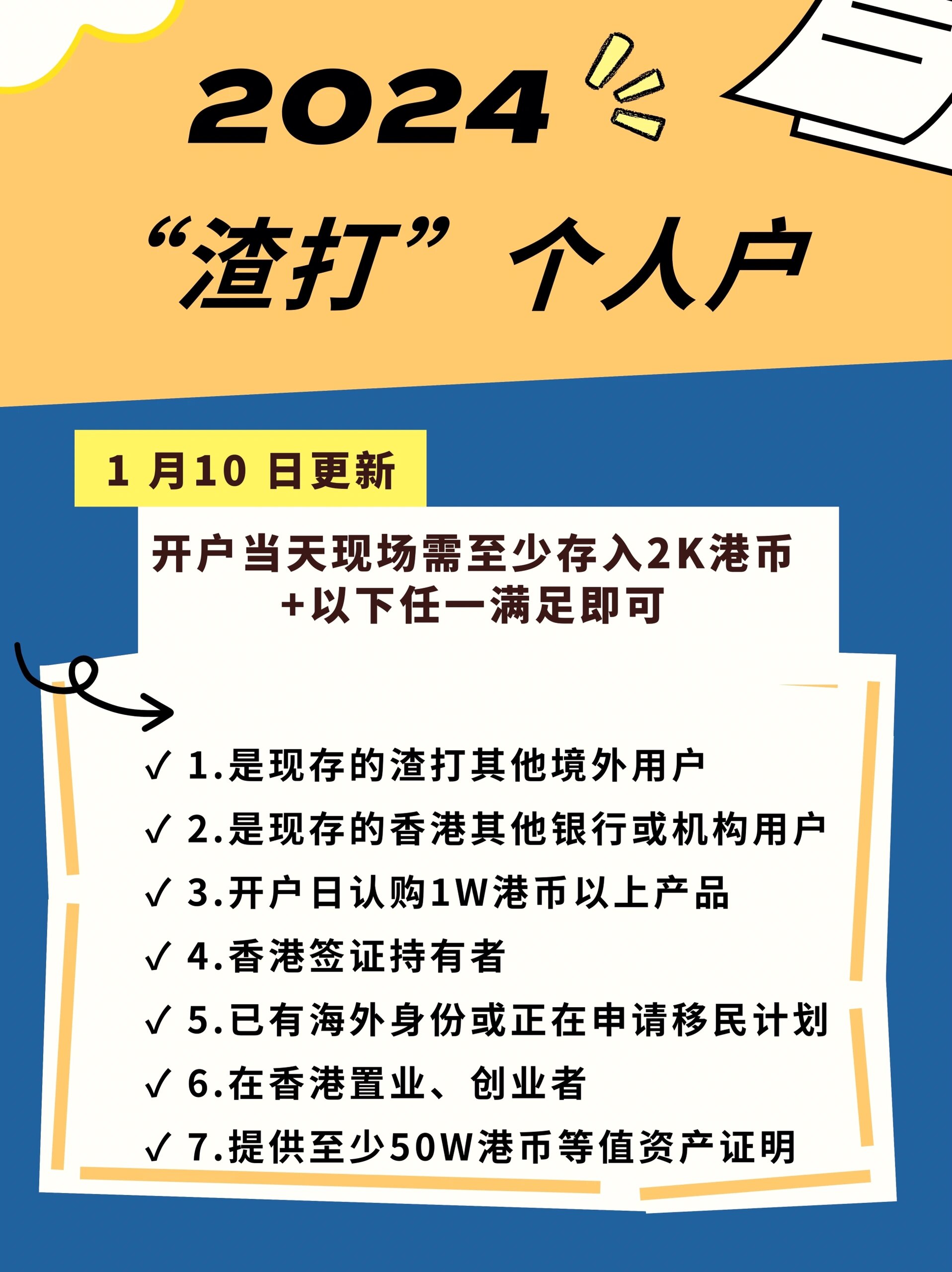 2024年1月10号,开渣打的个人户的要求更新了 要求开户当天现场需至少