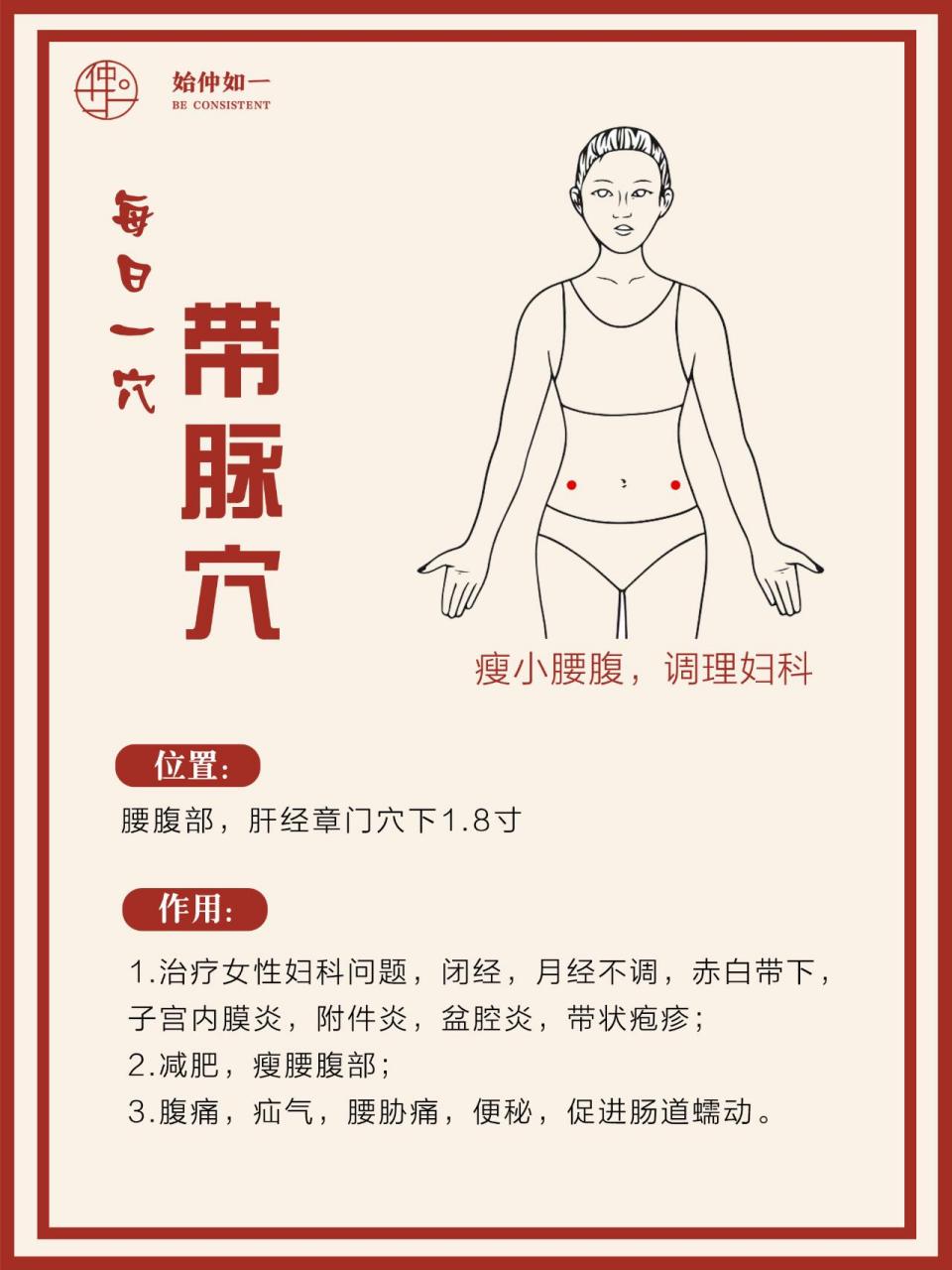 每日一穴:调理妇科 带脉穴 取穴:带脉穴 	 位置:位于侧腹部,第11根