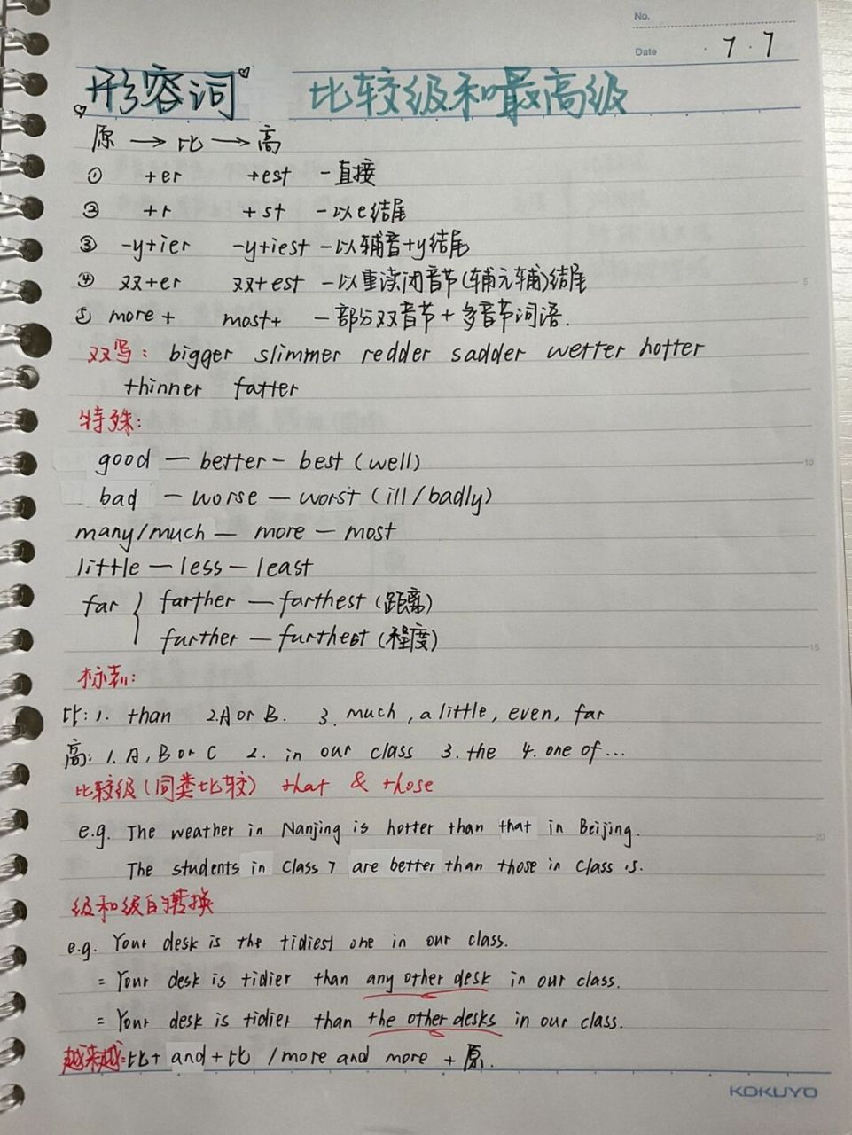 随机笔记/英语形容词比较级最高级 上课讲的随意记一下 蛮好看的就发