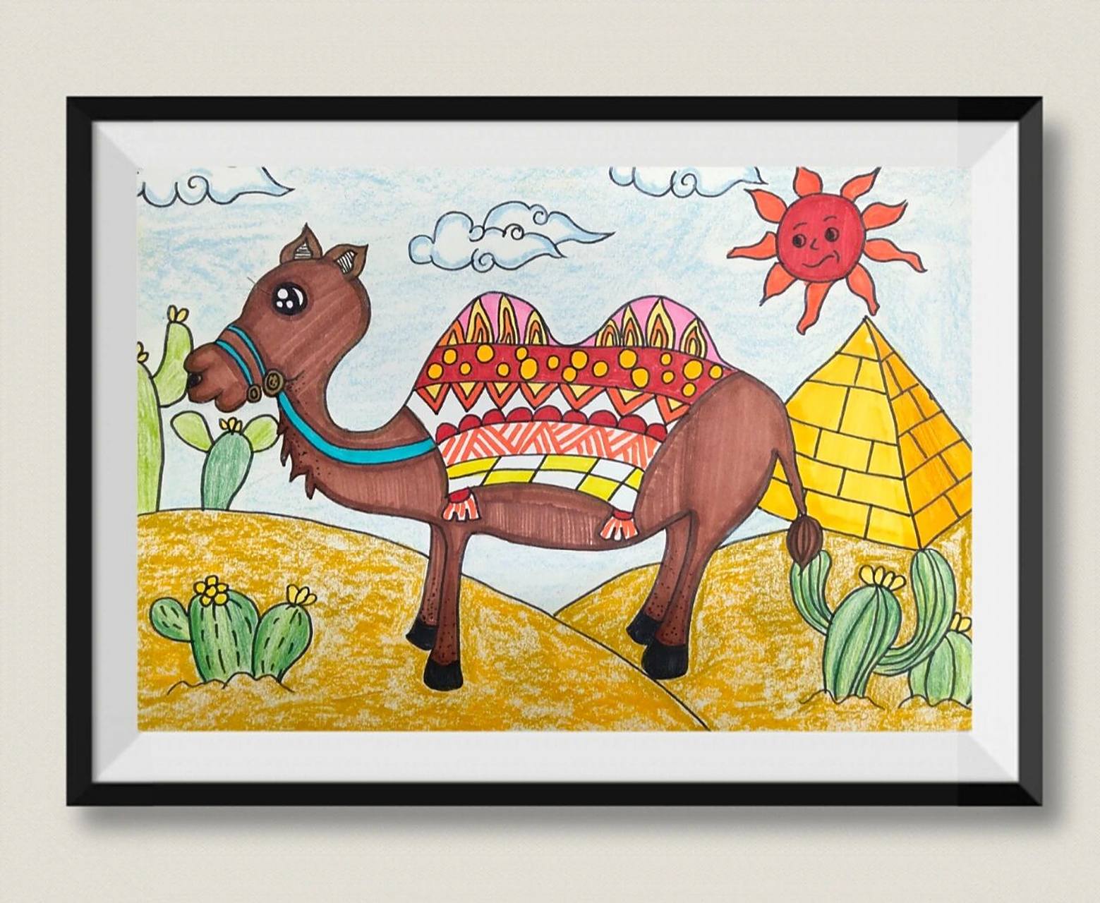 骆驼儿童画  复习中心式主体构图,学习暖色,用暖色装饰毯子