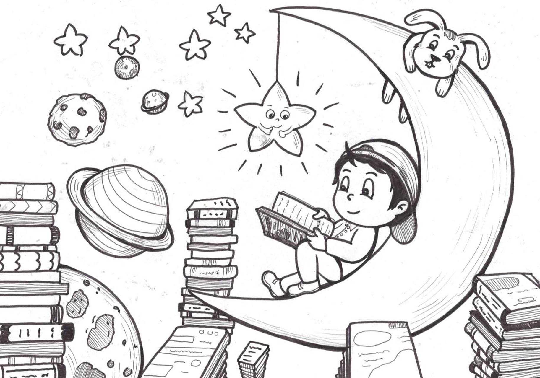 幼师考编简笔画《读书》《看书》《星空》 还是那个带帽子的男孩子.