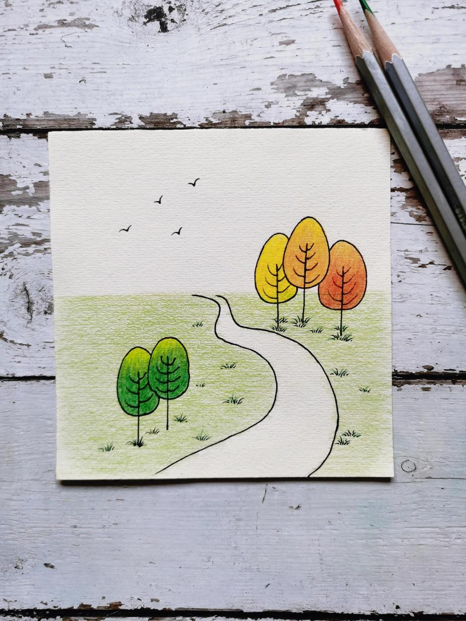 简笔画小风景 一条弯曲的小路,随便画几棵不同颜色的树,简单的风景小
