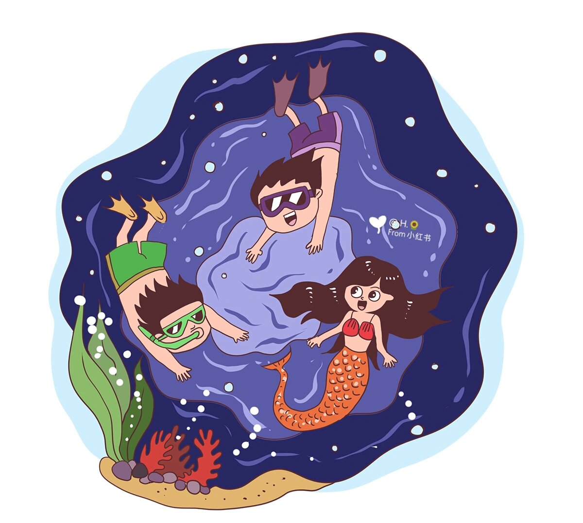绘画素材‖手绘‖海底潜水探险记2 刚刚给伙伴们分 享了海底潜水的