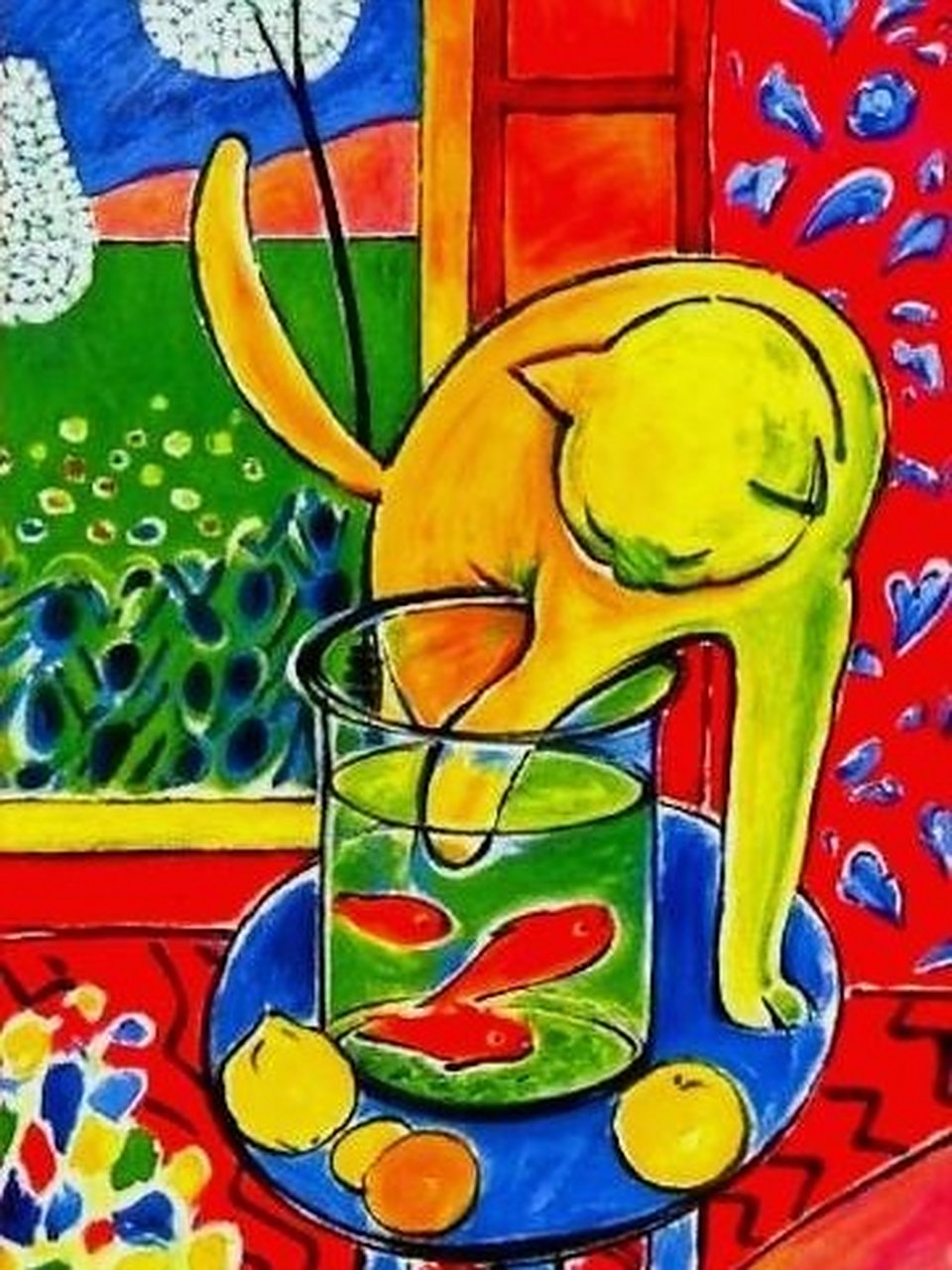《猫和红鱼》马蒂斯 此画描绘了房间里的一只猫在捉鱼缸里的红鱼(金鱼