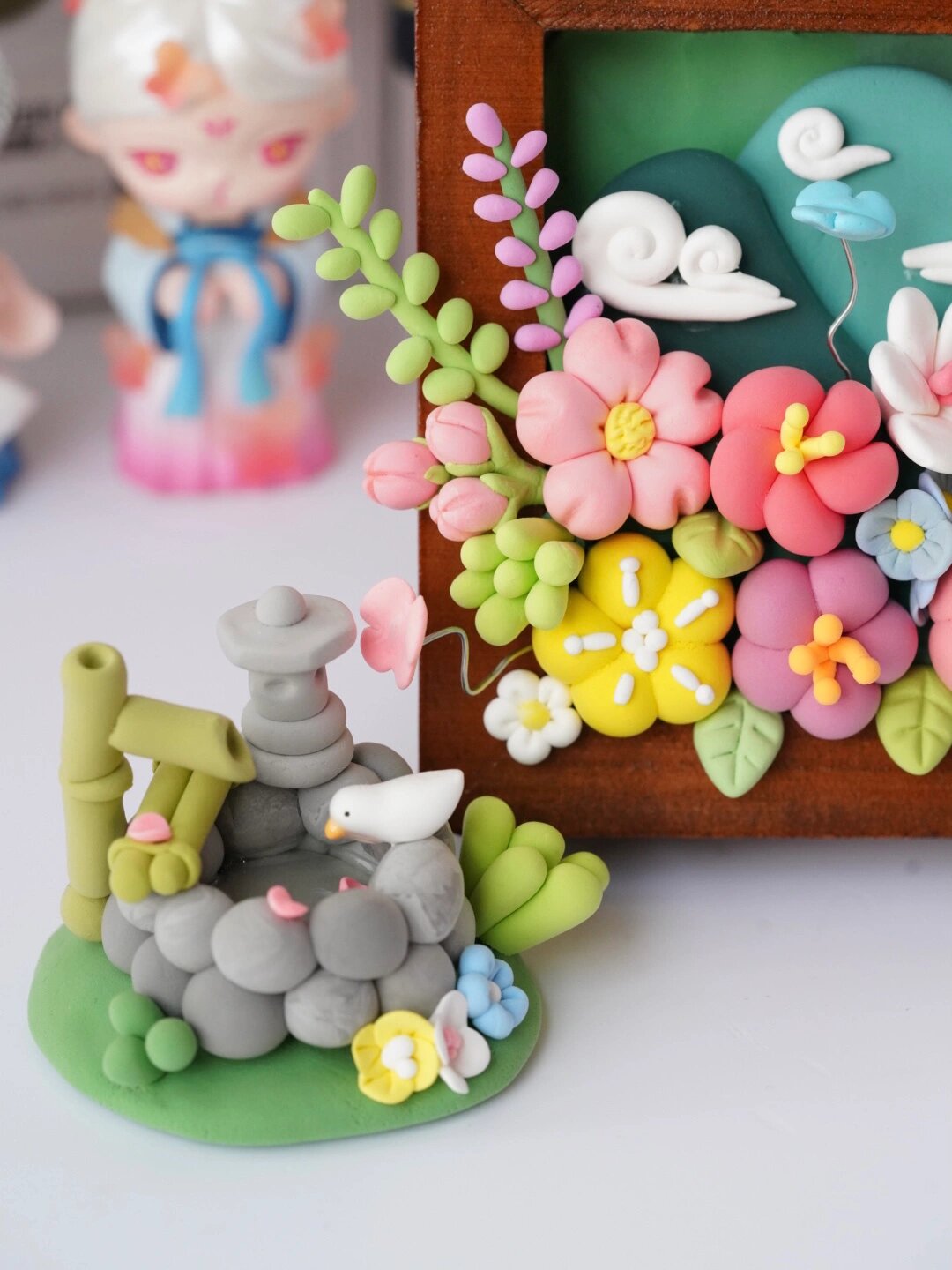 超轻粘土|手工diy～国风春日花花相框摆件94