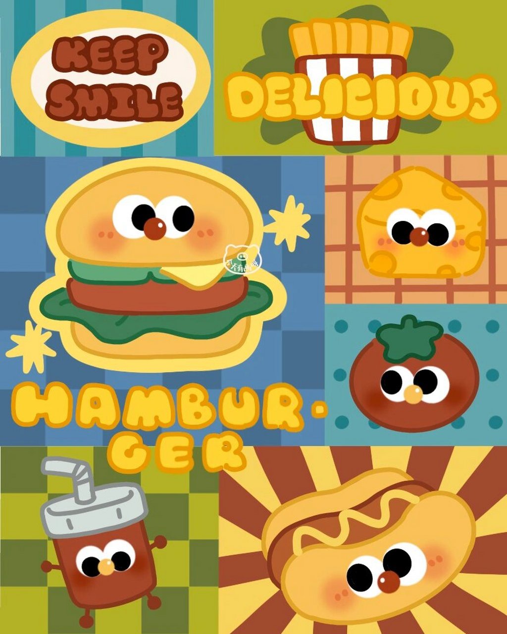 原创ipad壁纸|美式复古拼接大眼可爱汉堡包 0815今天有画呀 02