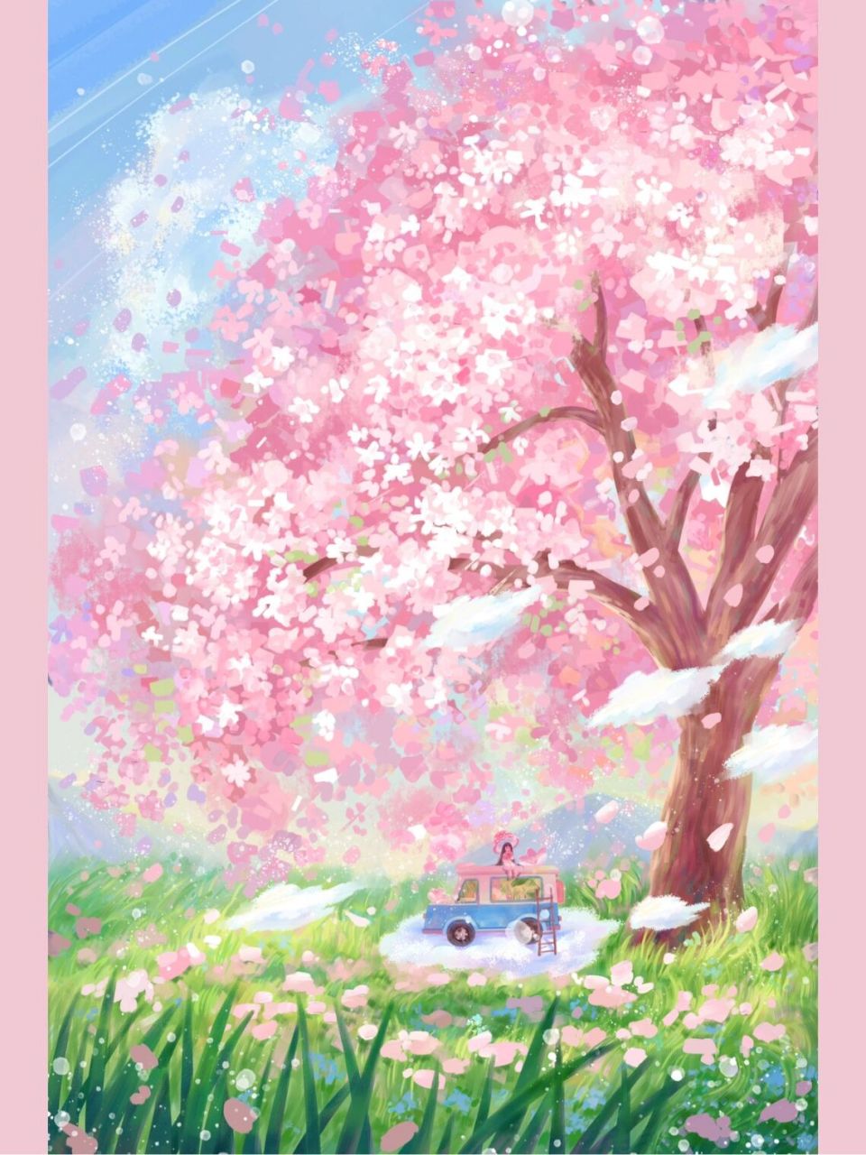 春天樱花插画唯美治愈粉色系 78樱花在风的诗里,春天被折进纸里