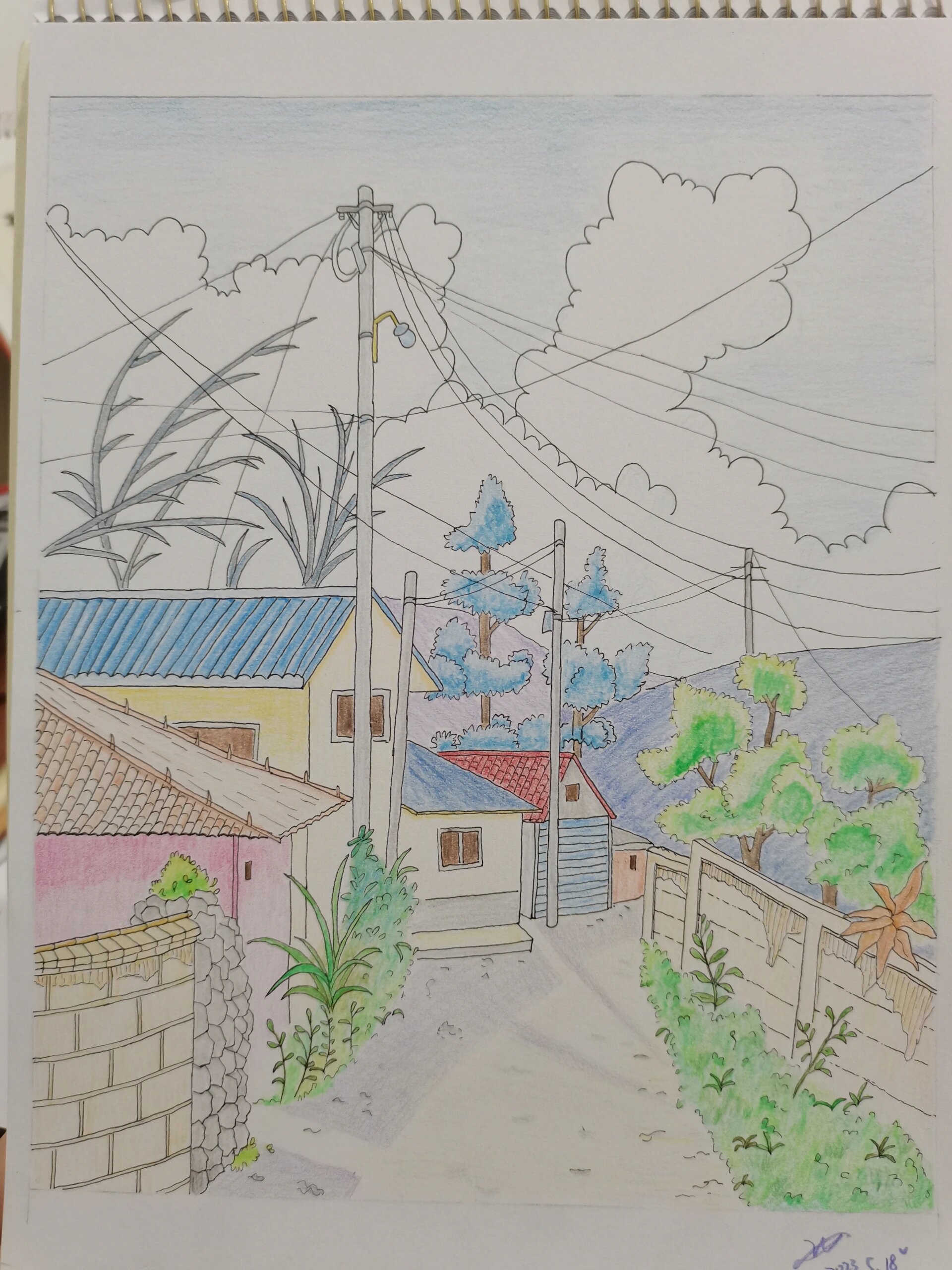 乡间小路—彩铅画