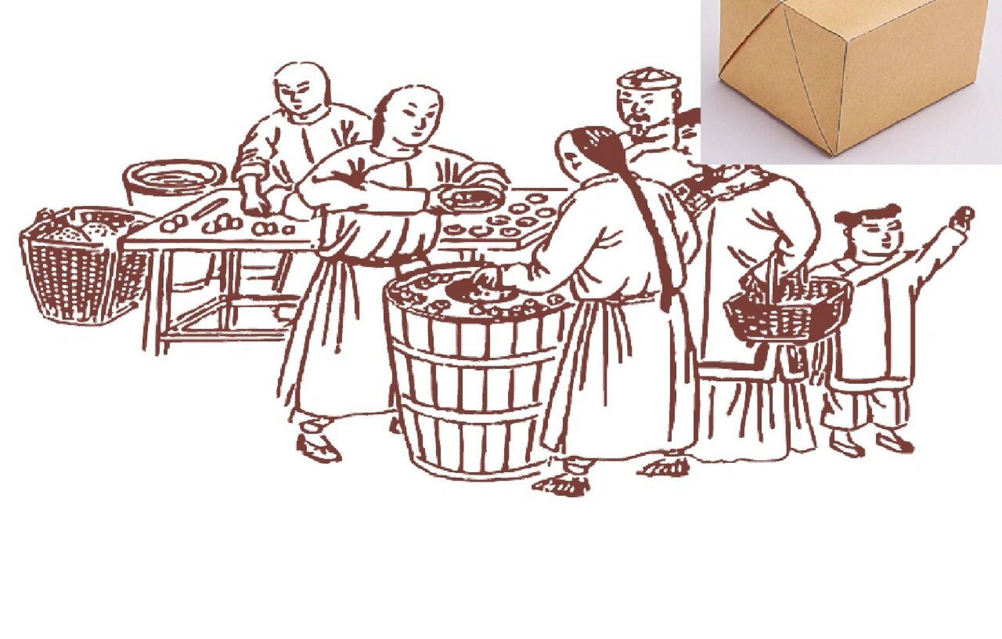 画素材               古代传统糕点食品制作工艺线稿线描矢量图包装