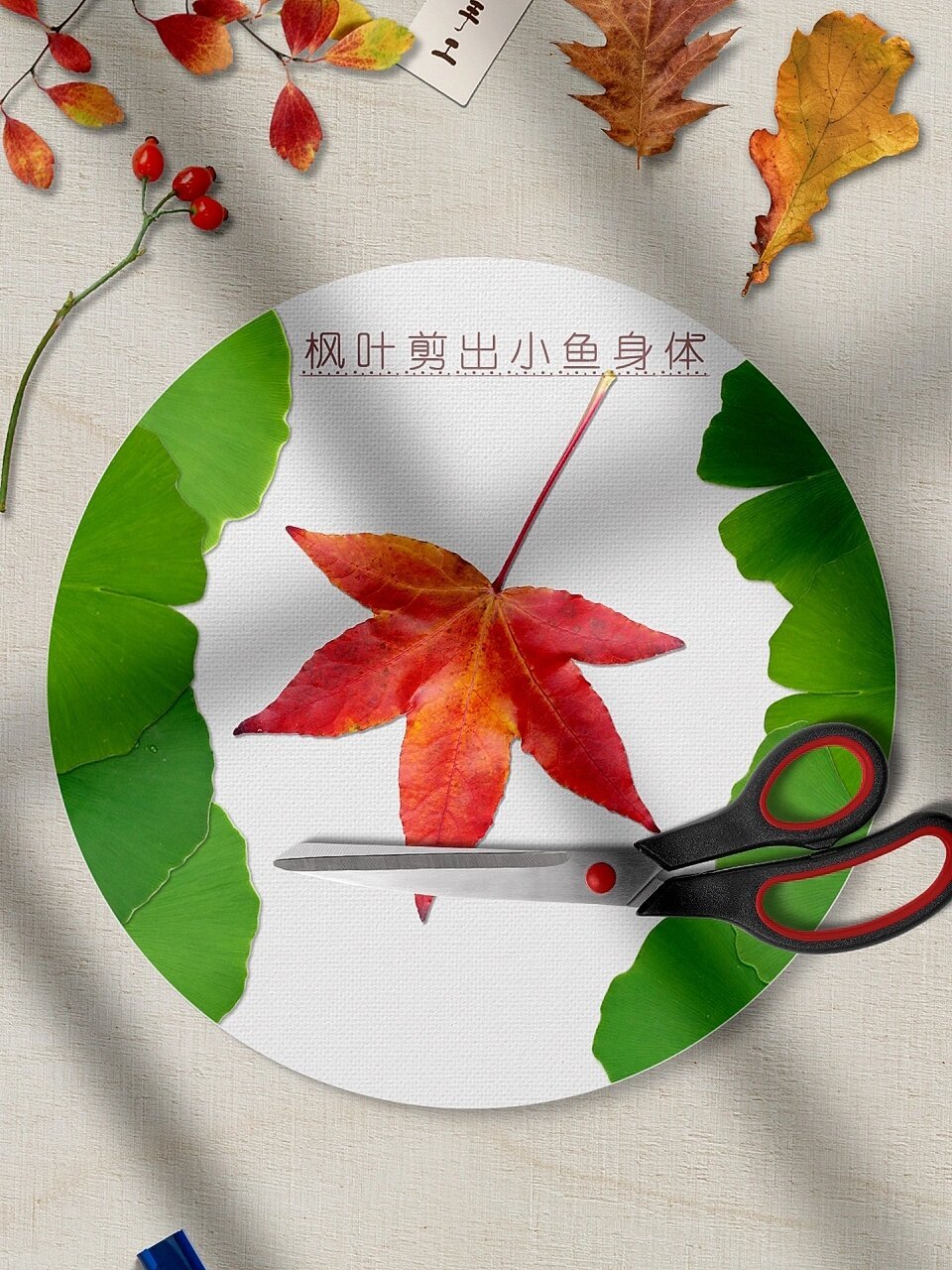 荷塘鲤鱼树叶画 用银杏叶和枫叶制作一幅荷塘创意树叶画吧