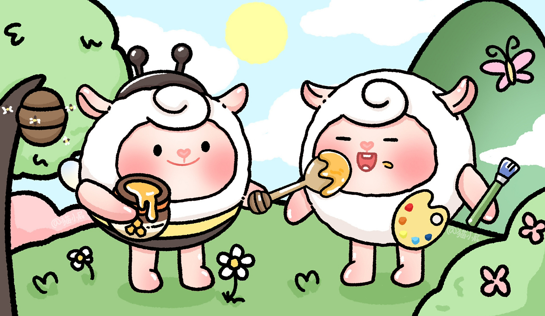 蛋仔头像|呐,请你吃蜂蜜～ dongdong羊日常被投喂,发现黑色线稿也蛮