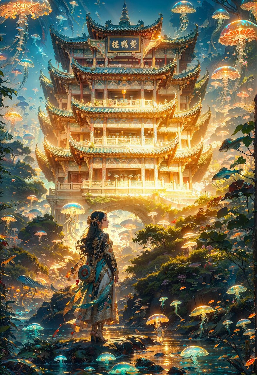 山海经中的黄鹤楼 用ai生成一亿像素的插图,细节惊人的丰富,其中