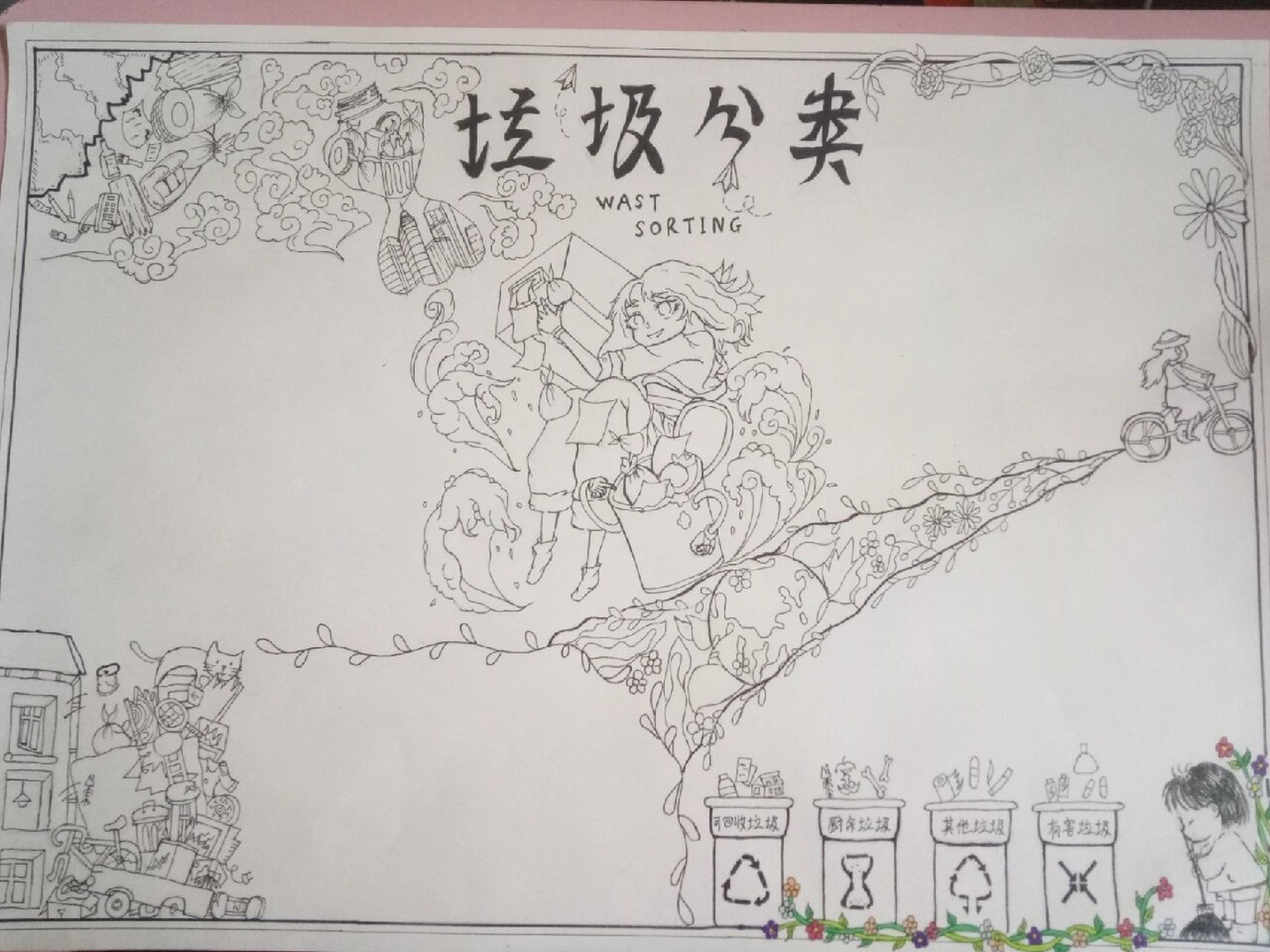 垃圾分类手抄报 有过程78 画了两次这次是四开纸画的,因为光线原因