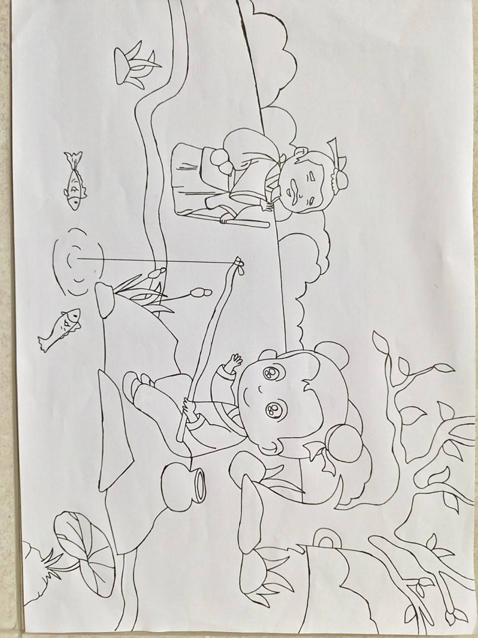 《小儿垂钓》古诗配图 小学生必背古诗 古诗配图 趣味古诗配图卡通画
