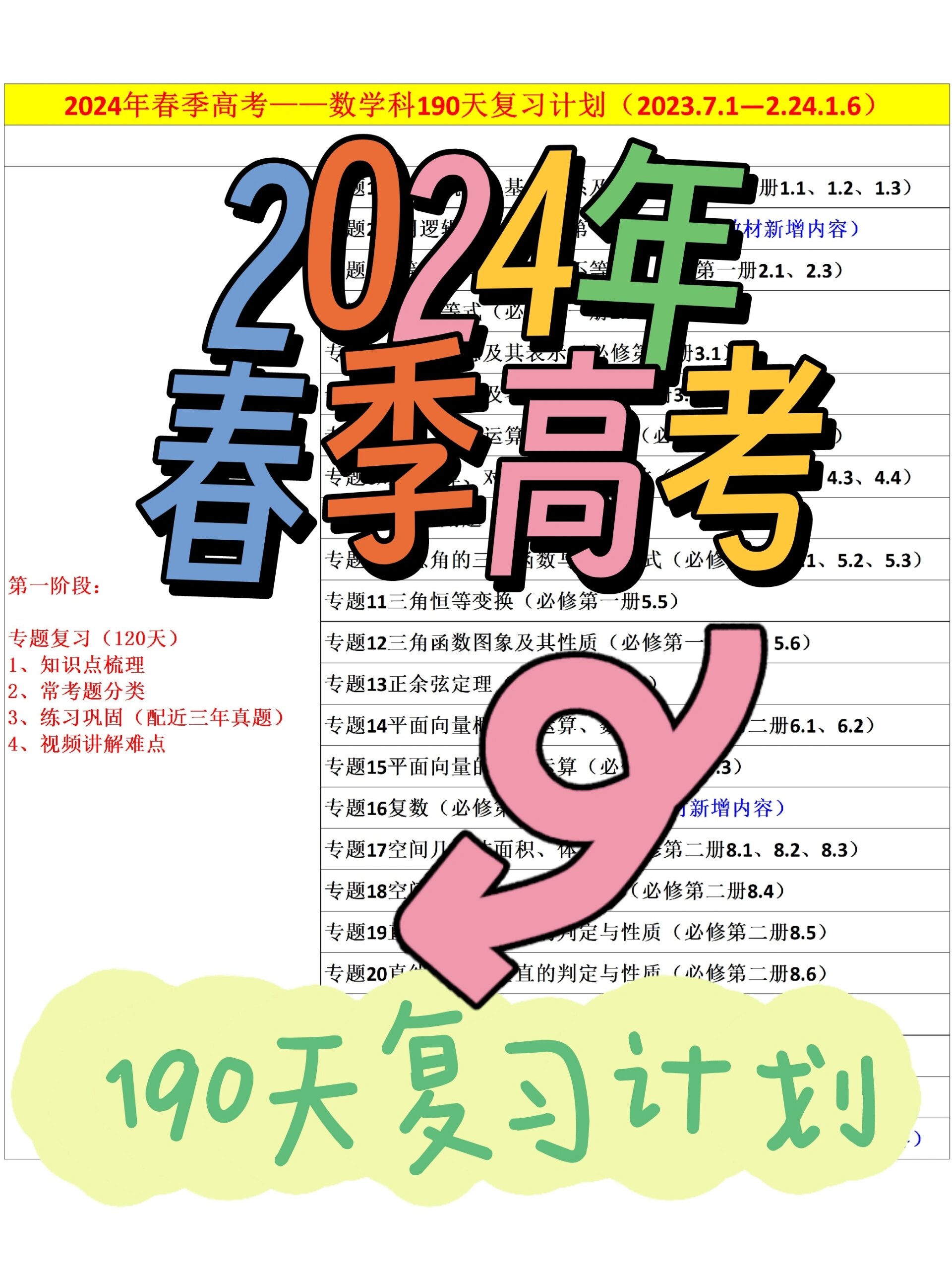 2024年春季高考190 天自主复习计划