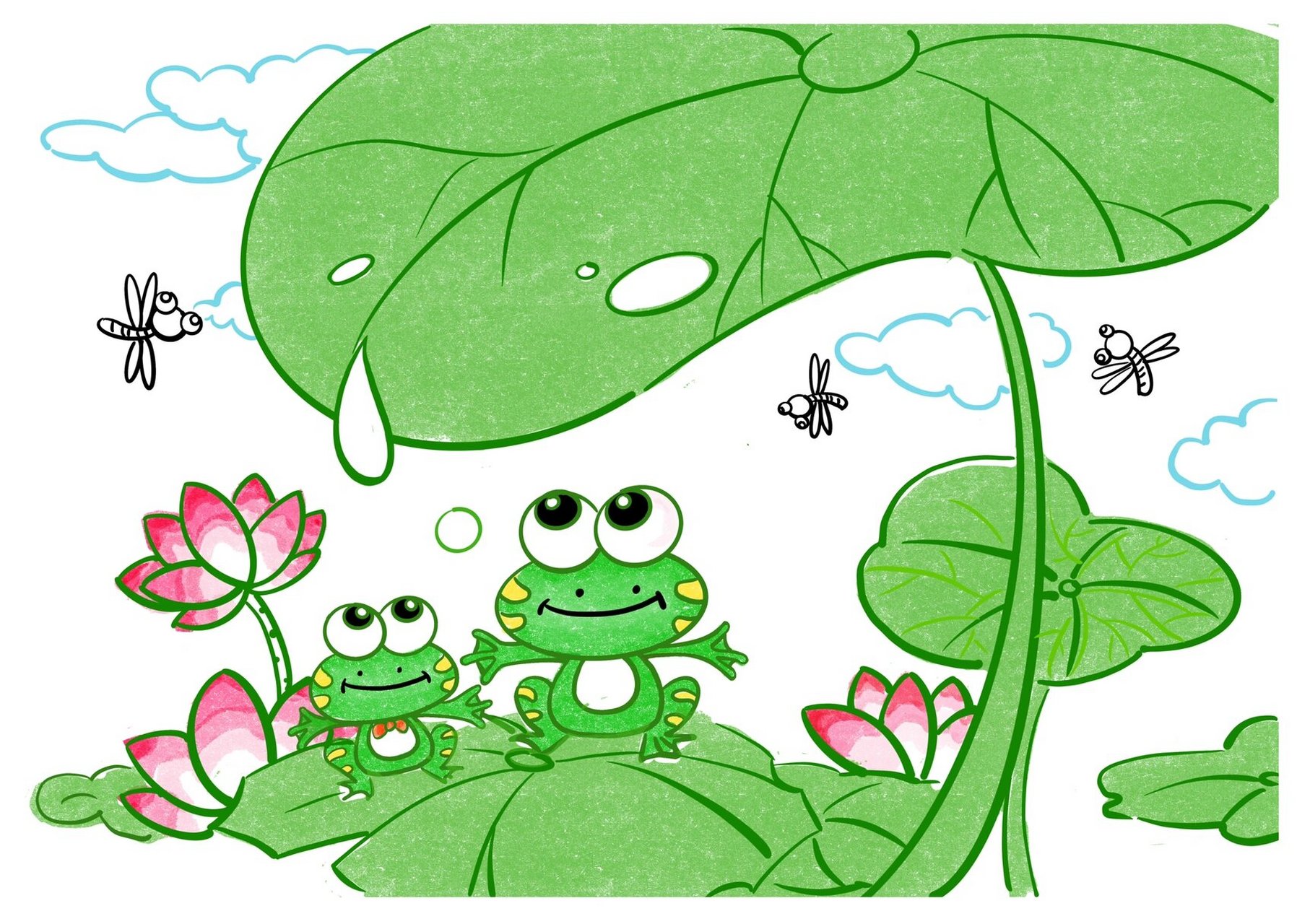 夏天主题画,夏至儿童画,池塘里的小青蛙 夏至|日渐长夜微凉 	 池塘里