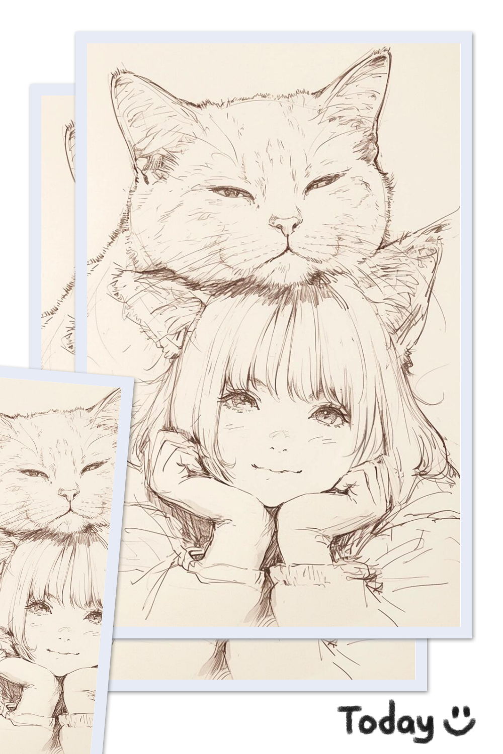 女孩和大猫速写风插画||