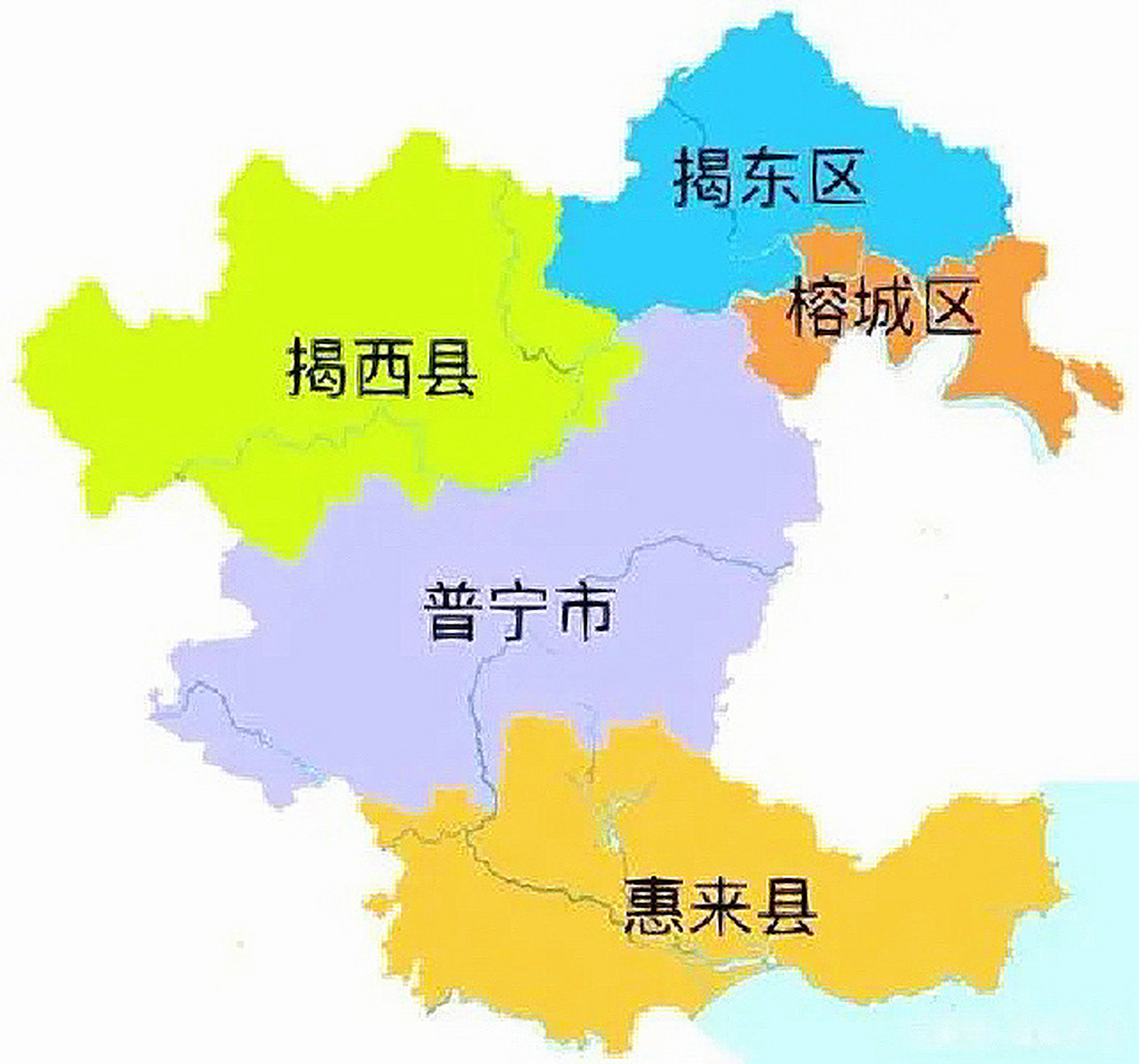 揭阳市辖2个市辖区,2个县,管理1个县级市,共5个县级行政区.