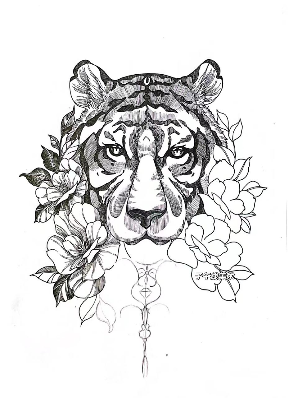 线描《老虎》 老虎被视为一种神秘而不可侵犯的动物,象征着威严和权势