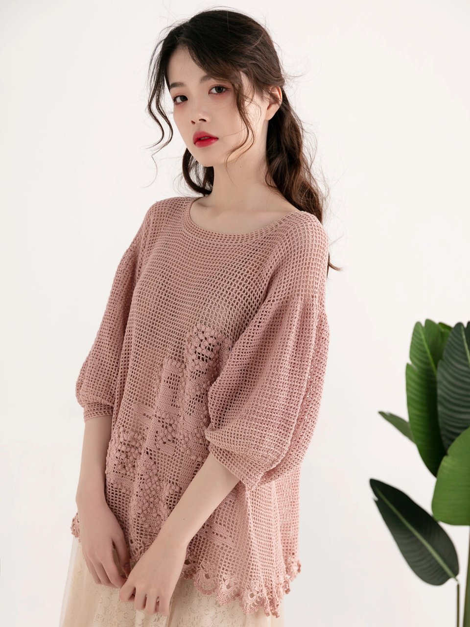 编织人生|玫瑰-网格钩针罩衫(视频教程) 【线材】云帛真丝 02烟粉7团