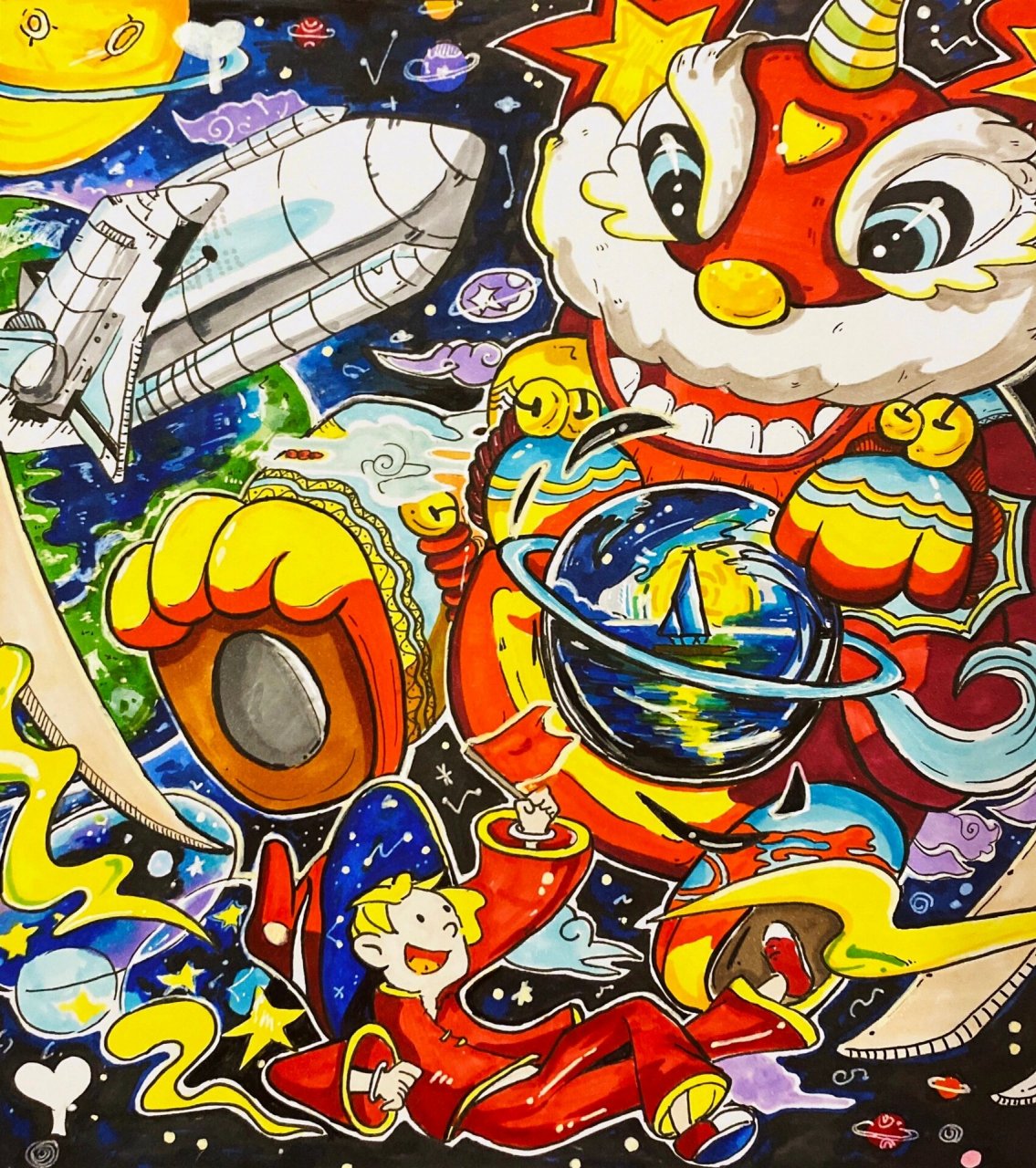 马克笔手绘作品 61 飞向太空0315 95此次"飞向外空"主题海报