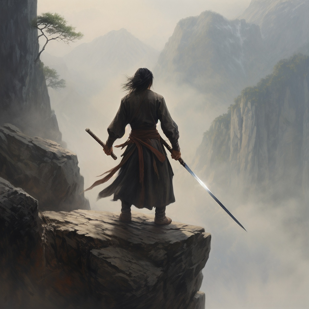 他的背影在雾气中若隐若现,仿佛穿越时空的使者.