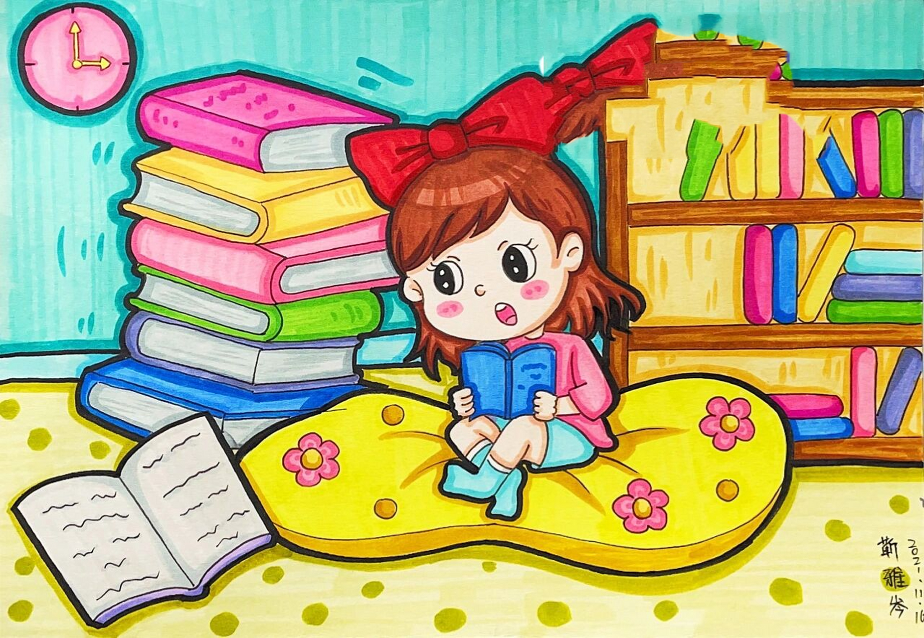 马克笔儿童画我爱读书98 马克笔儿童画卡通画简笔画主题画我爱读书