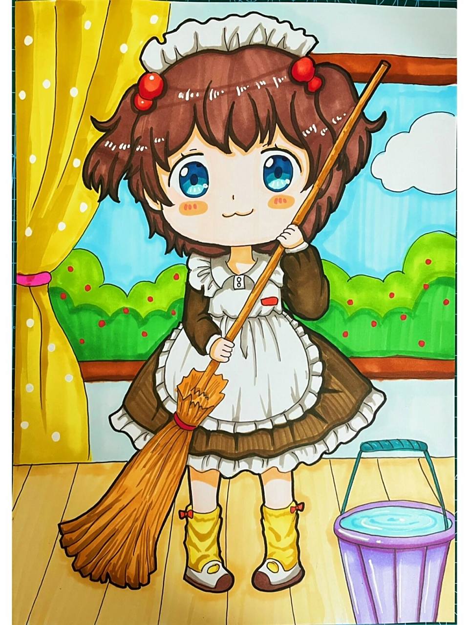 打扫卫生 节日主题绘画,五一劳动节,大扫除,打扫卫生,做家务 笔:歌马