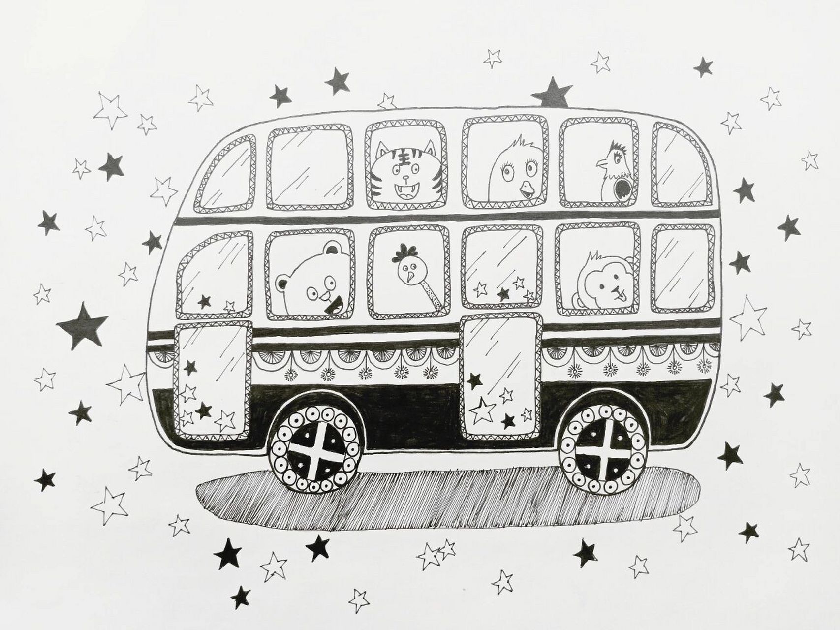 《公交车》线描画绘画过程