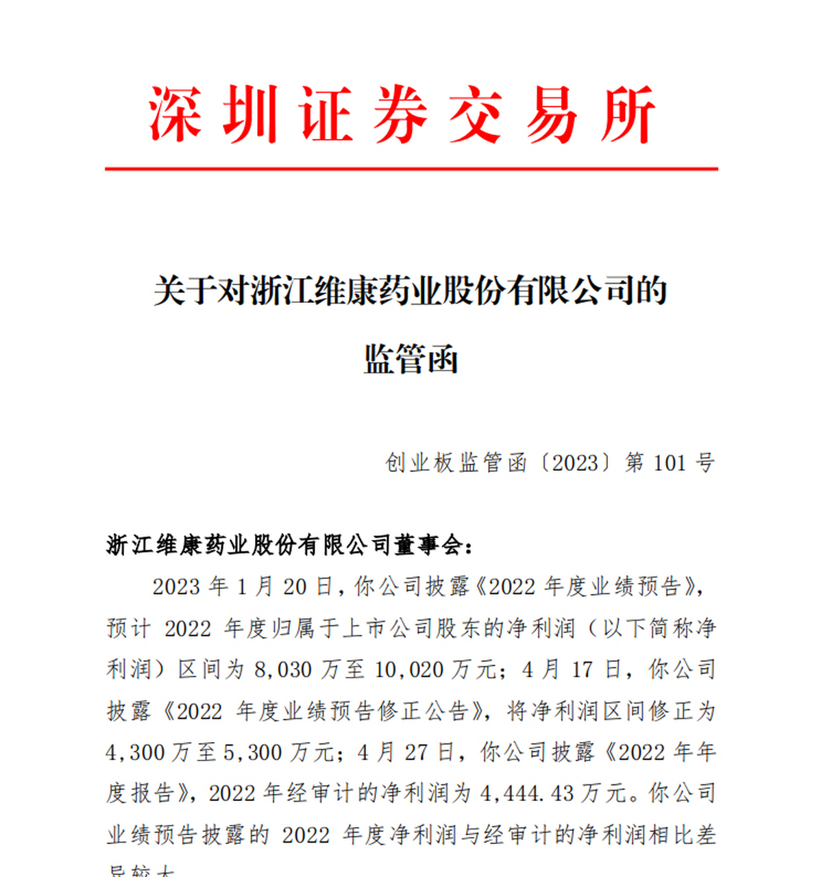 【#维康药业收深交所监管函# 】深交所向浙江维康药业股份有限公司