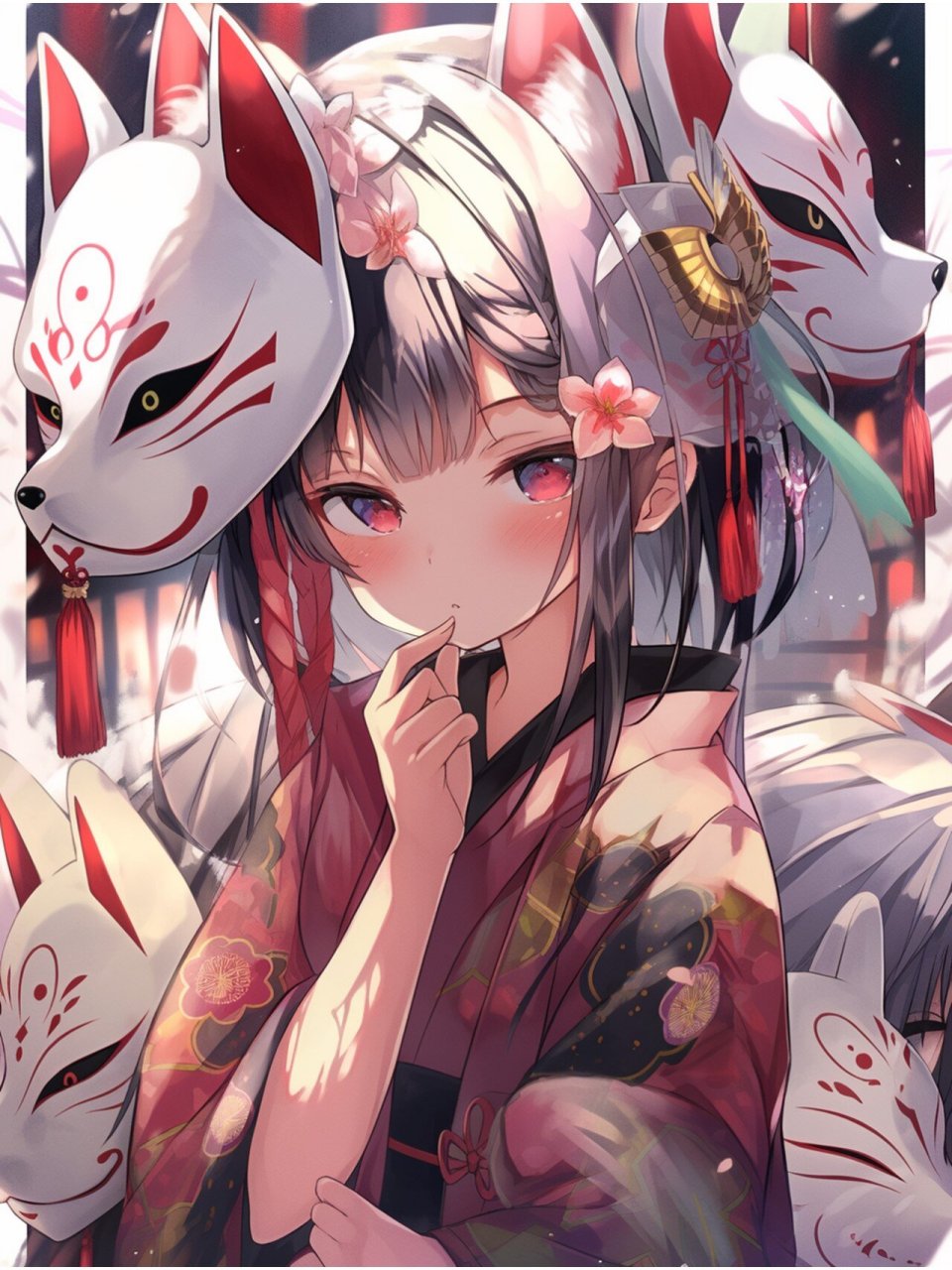 狐妖面具(附咒语) anime girl holding a katame, festive style