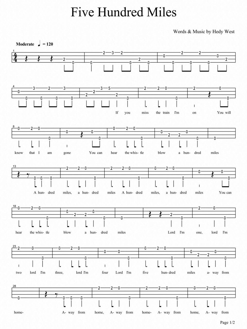 尤克里里指弹谱《five hundred miles》