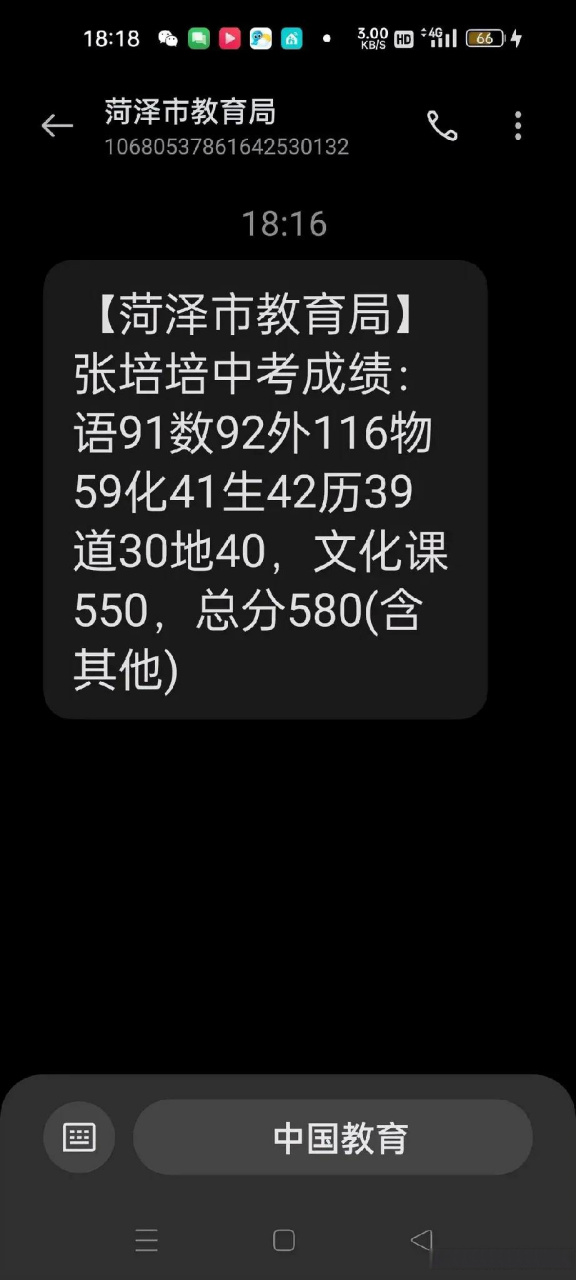 中考成绩出来了,俺家闺女报的是成武县一中.