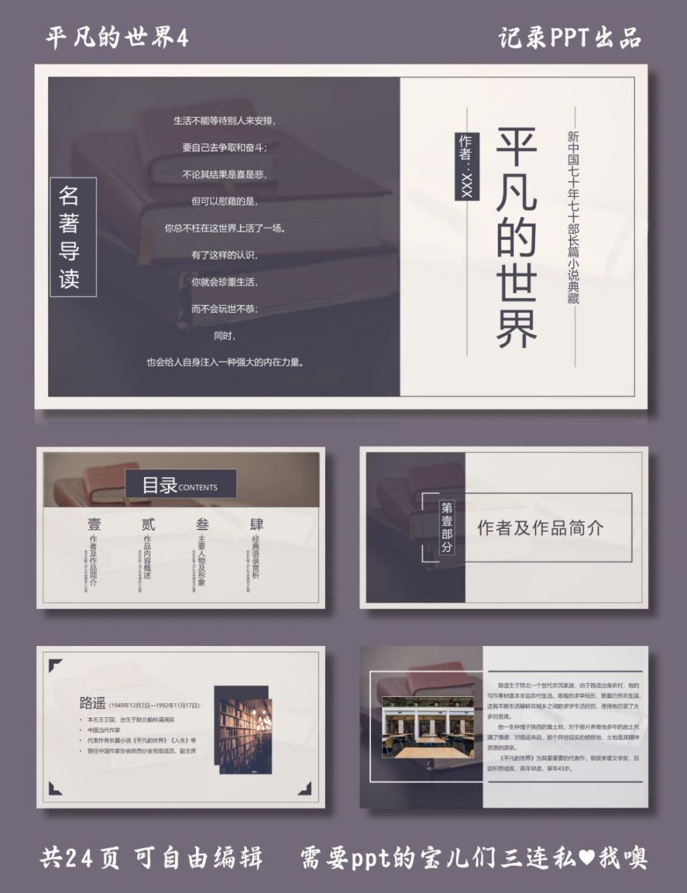名著 平凡的世界 平凡的世界4 ppt模板 目录包括 ①作者及作品简介 ②