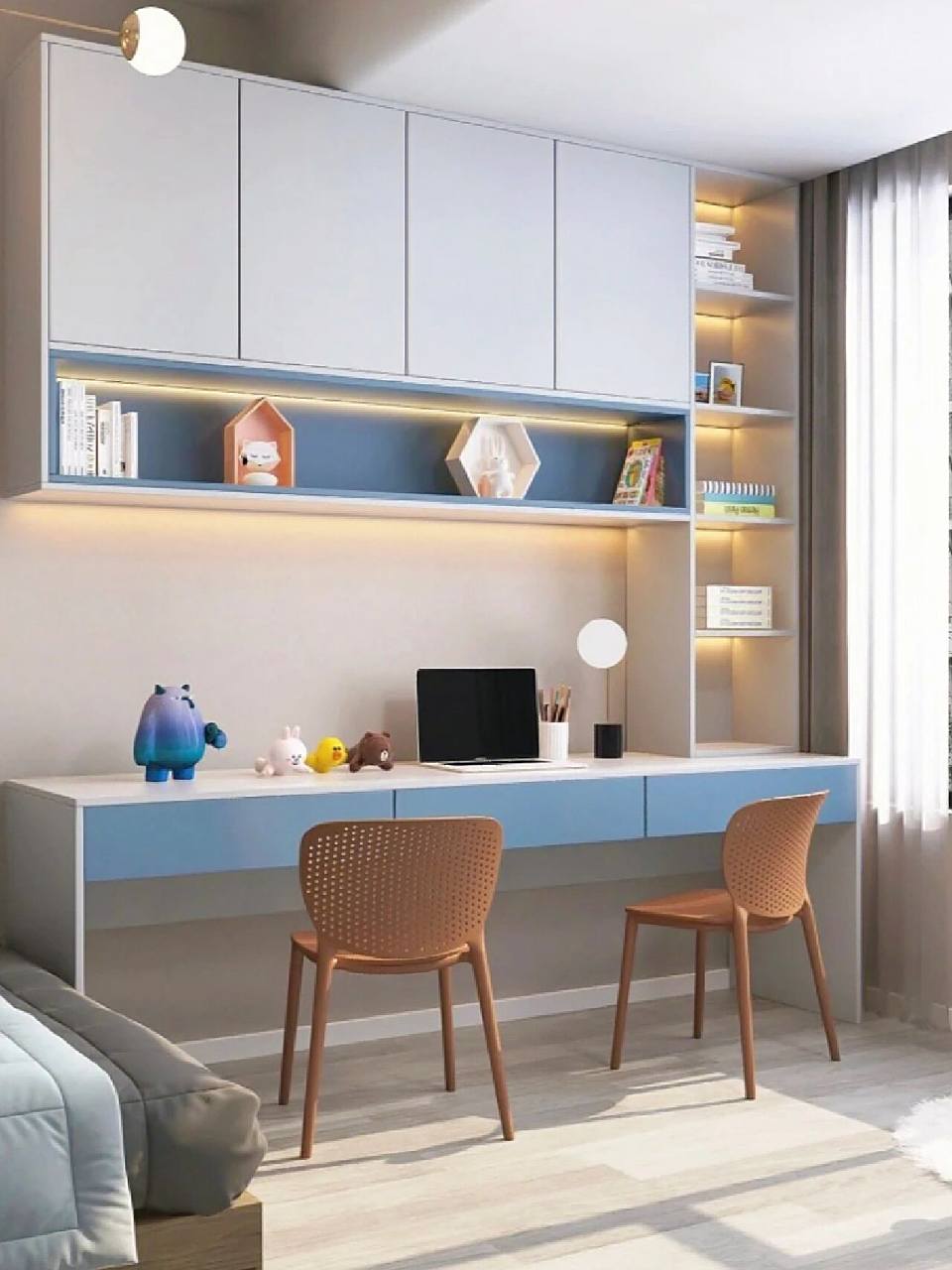 清新系的儿童房书桌书柜一体化设计,太舒服了简直是梦中的童话书屋