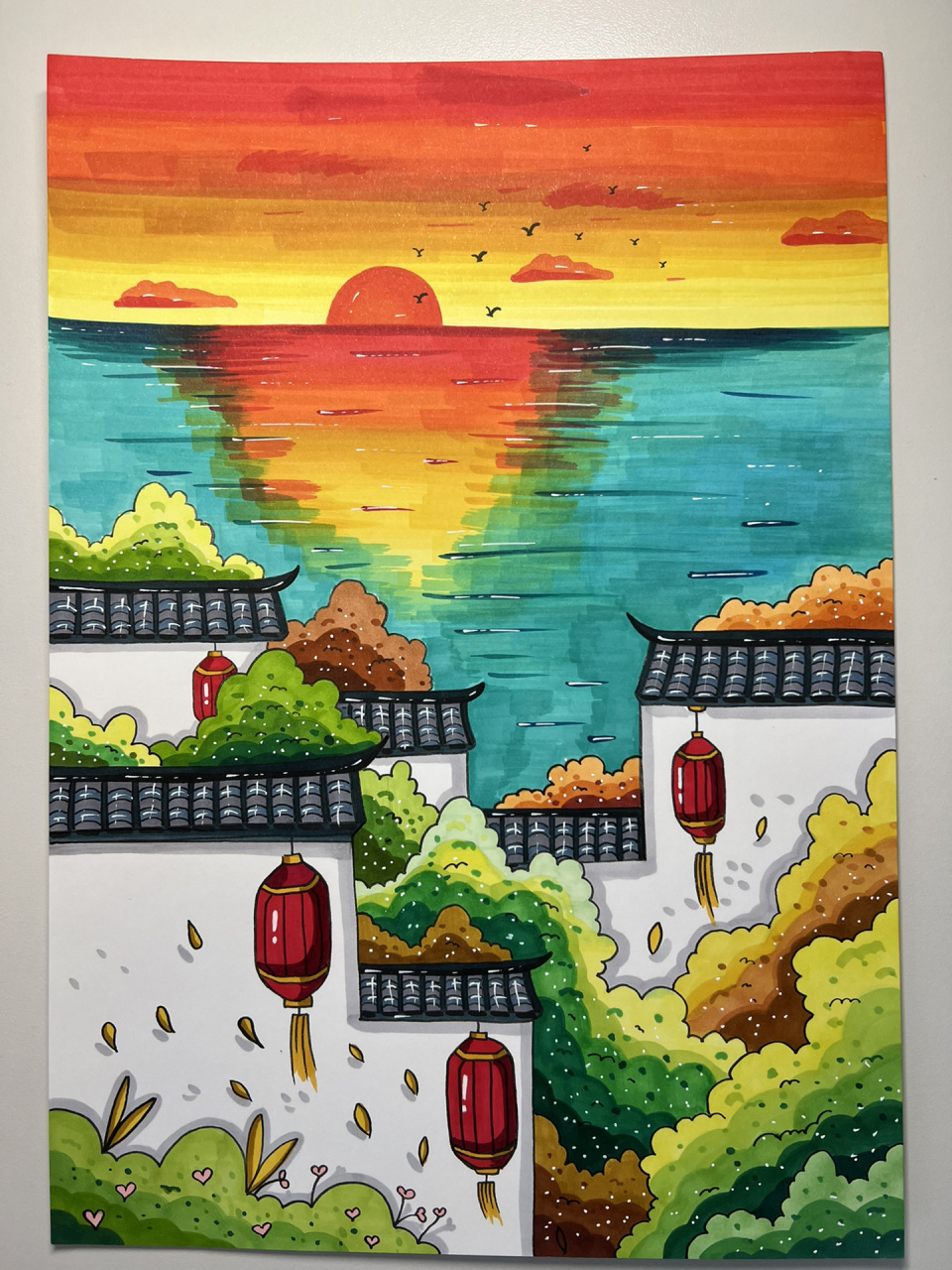 诗配画【暮江吟】 临摹于:一道残阳铺水中, 半江瑟瑟半江红.