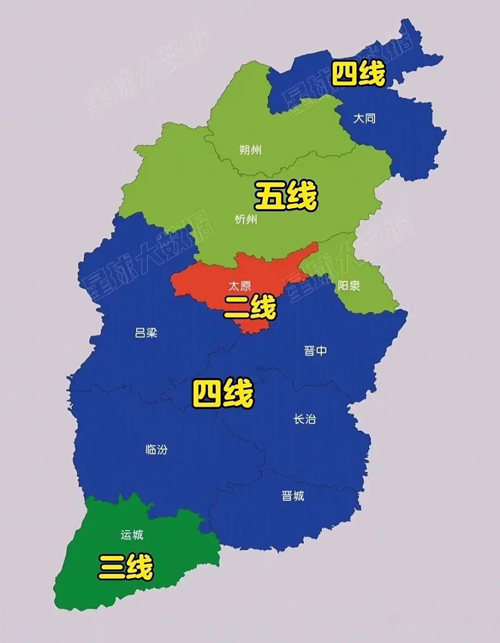 山西城市地图 常住人口太原最多,城市等级太原是二线城市