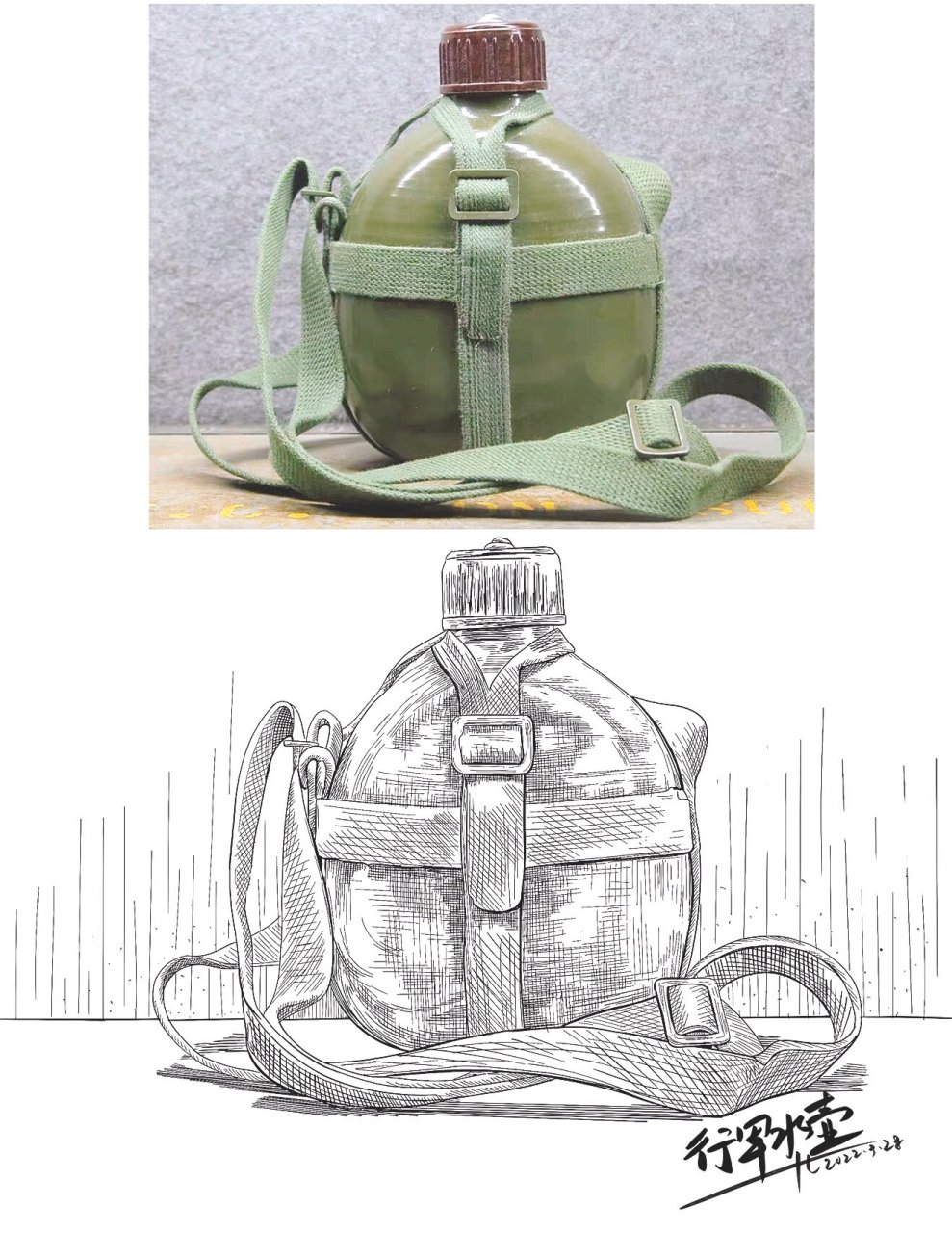 静物写生线描:行军水壶:速写素材:绘画素材 行军水壶,老师军用水壶很
