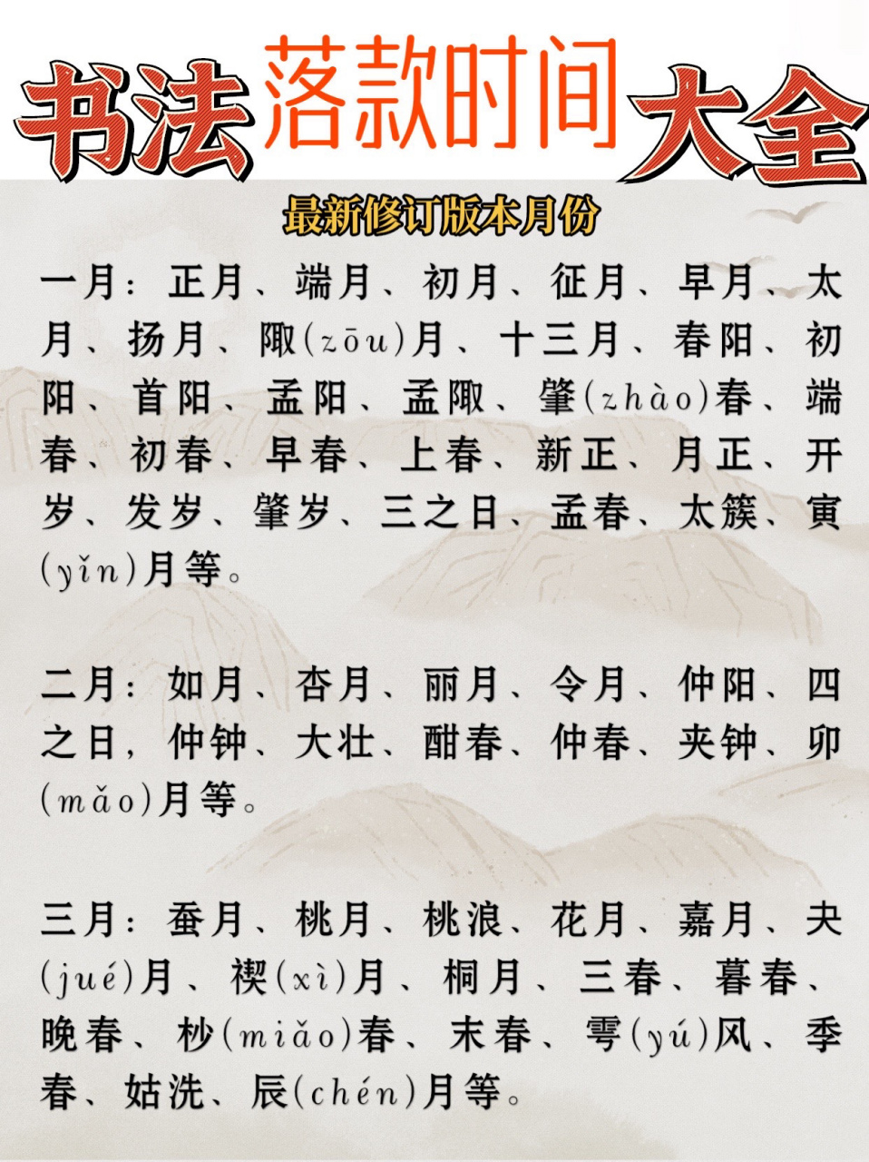 2023最新修订版本月份-书法落款月份书写 旧历分春,夏,秋,冬四个季节
