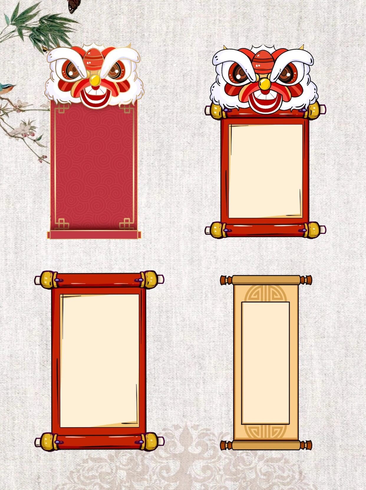 免抠素材丨91古风手绘卷轴边框素材