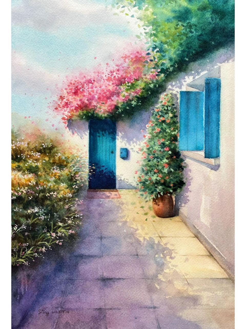 地中海风景 水彩画  临摹自陈文璘老师 一眼就喜欢的图,试着临摹一张