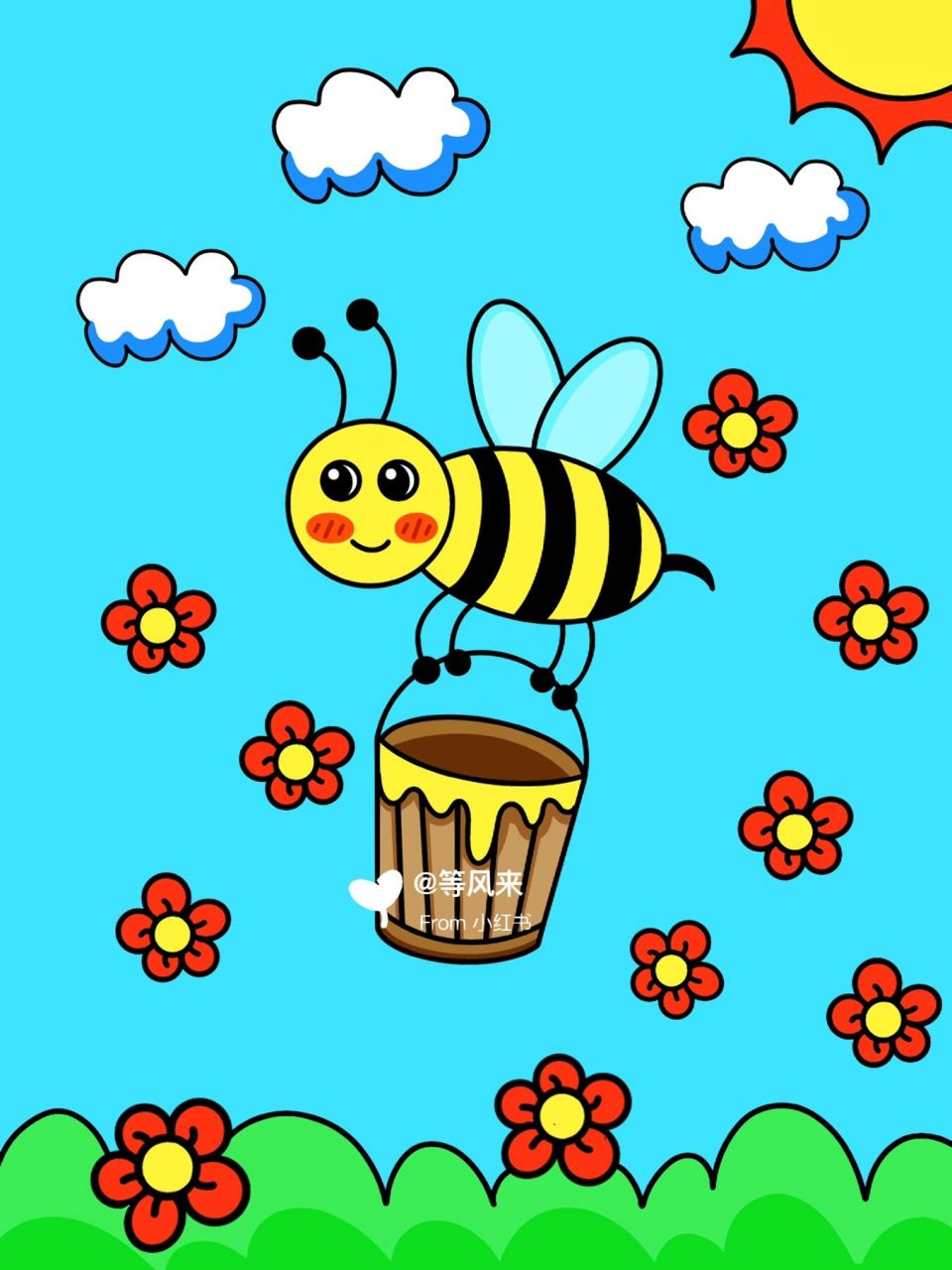 五一劳动节 勤劳的小蜜蜂93 创意画 儿童画 带线稿 #创意美术儿童画