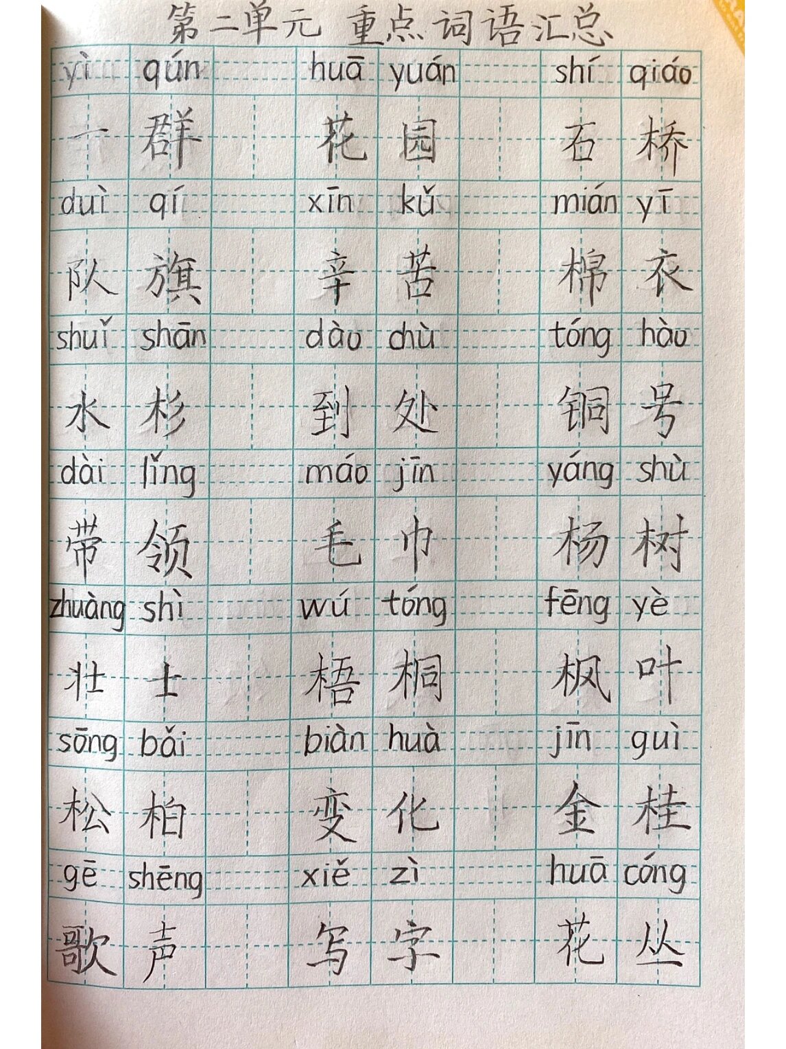 二上语文 第二单元重点词语+每一课的词语
